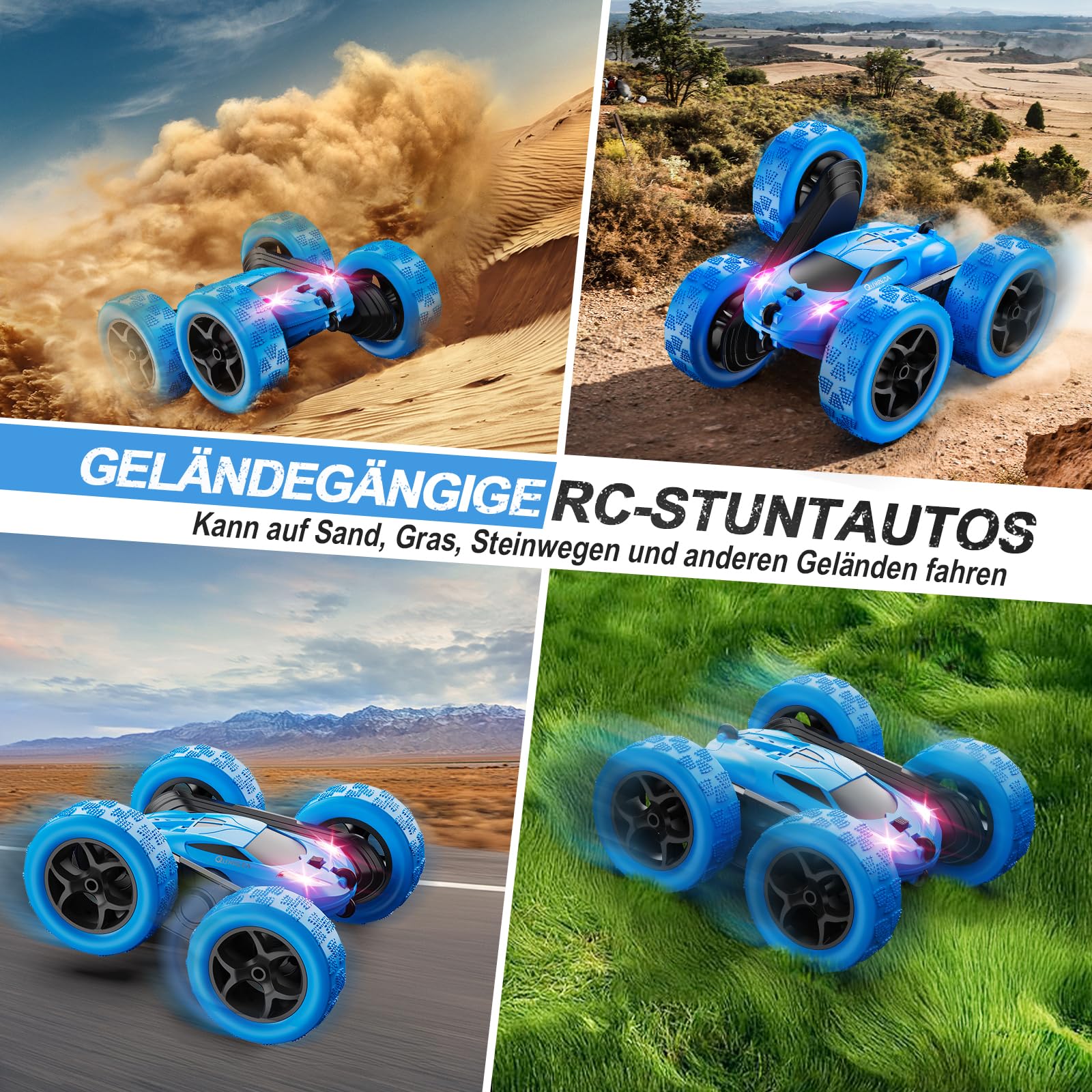 QUNREDA Ferngesteuertes Auto, RC Cars Spielzeug für Kinder im Alter von 6-12 Jahren, 4WD Stunt-Auto mit LED-Lichtern & 360°-Flips, 2,4 GHz, verbesserte USB-C-Modular-Batterien, 8-10 Jahre alte Jungen