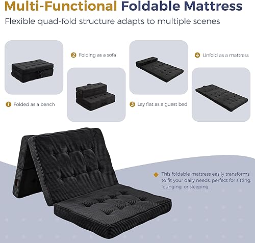 Miniatura 8 de MAXYOYO Colchón plegable, colchón plegable copetudo de 4 pulgadas, cama matrimonial de espuma, sofá de piso de tres pliegues con asas, cubrecolchón