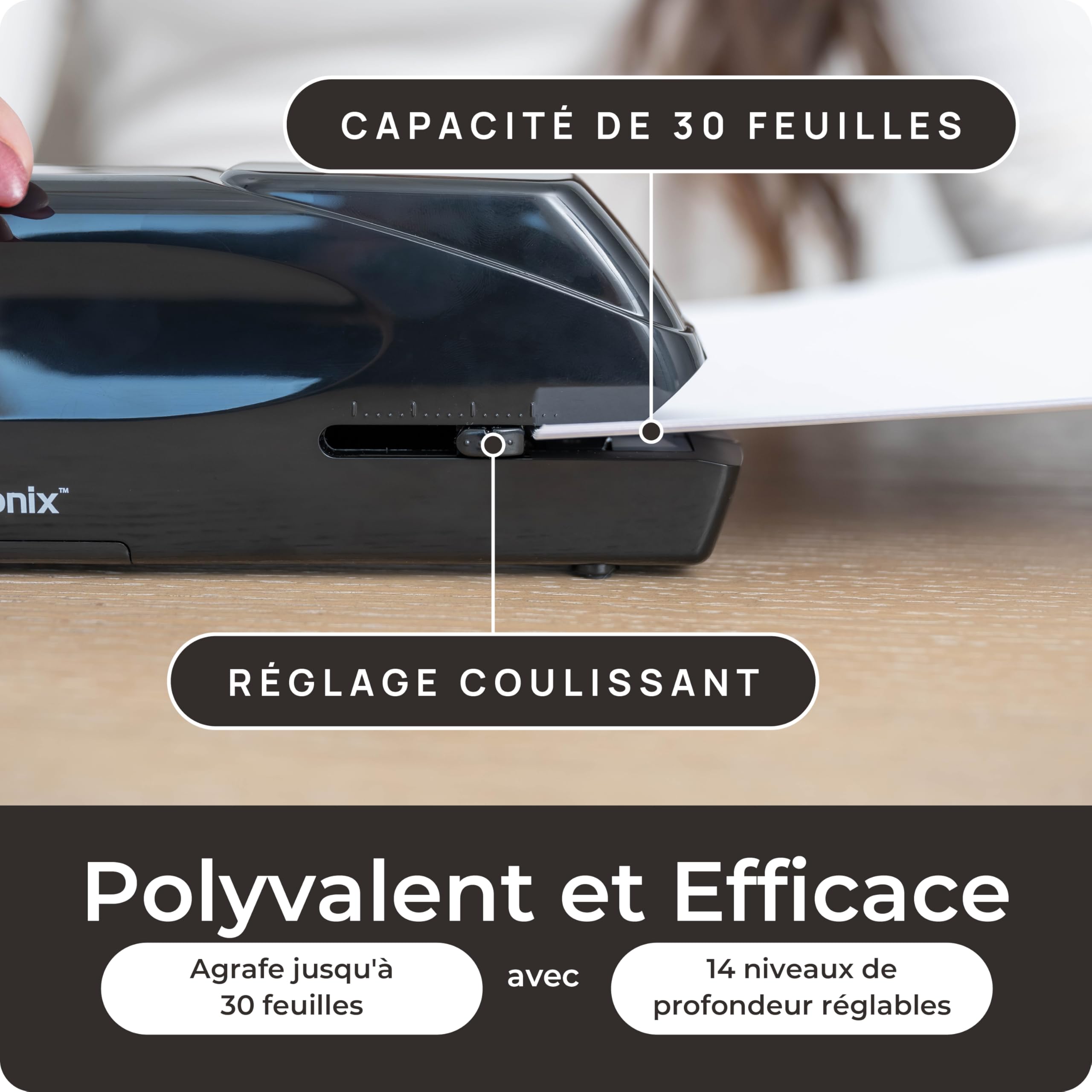 EcoElectronix Agrafeuse électrique automatique portable – Capacité de 30 feuilles, fonctionnement silencieux, sans bourrage et recharge facile – Adaptateur secteur/alimentation par piles (Noir)
