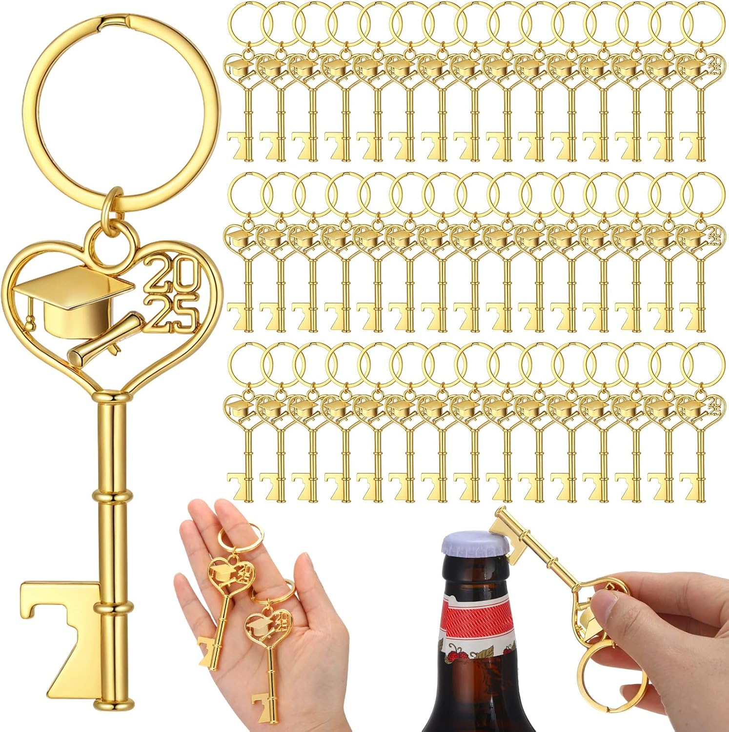 Misdary 25 Pcs Graduation Party Favors for Guests Golden Graduation Cap Bottle Openers 2025 Graduation Keychain Class of 2025 Graduation Thank You Party Favors Graduation Souvenirs for Guests