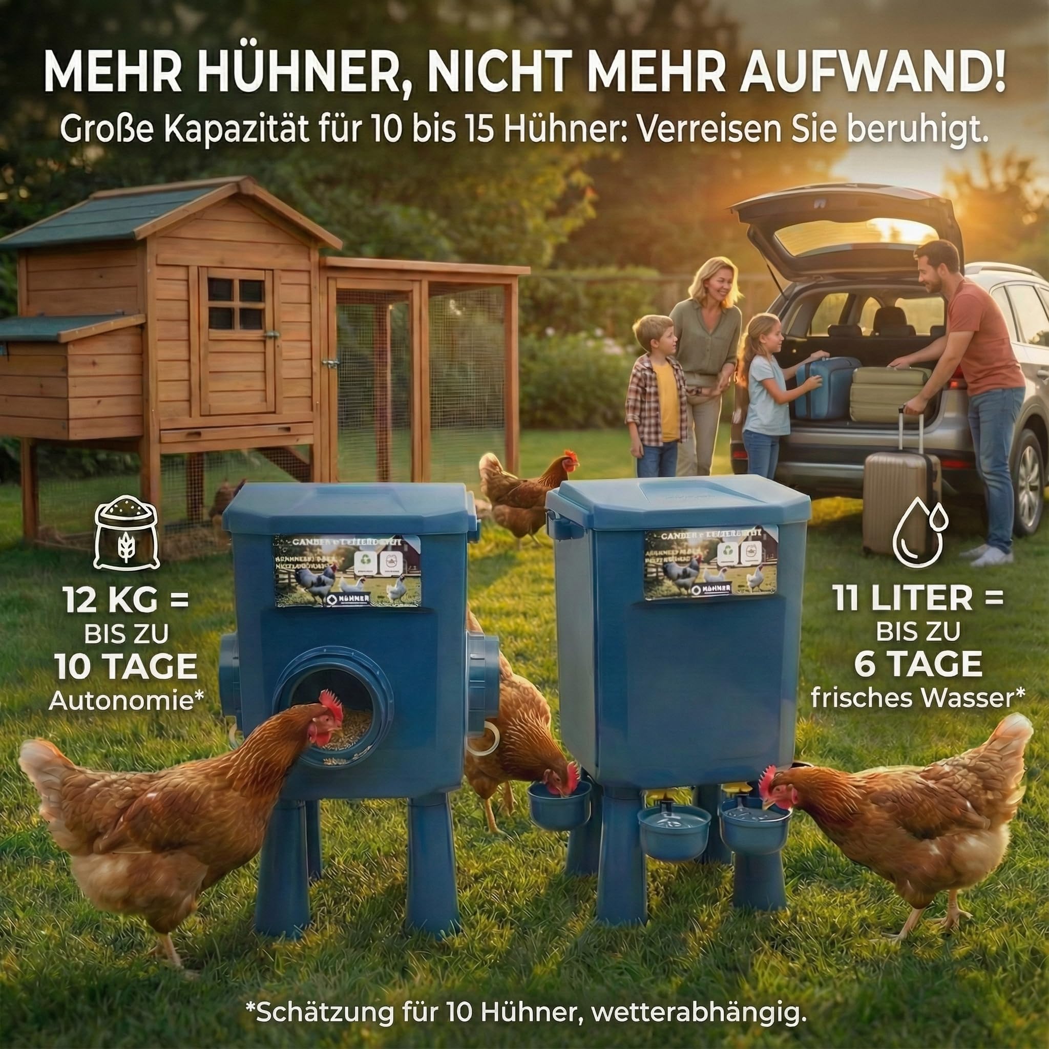 Kit Hühner-Futterautomat & Tränke 12KG/11L – Schädlingssicher, Automatikventil, Anti-Cyanobakterien, Ideal für Mikro-Farmen & Hobbybetriebe, Lange Autonomie, Weniger Nachfüllungen, Robuste