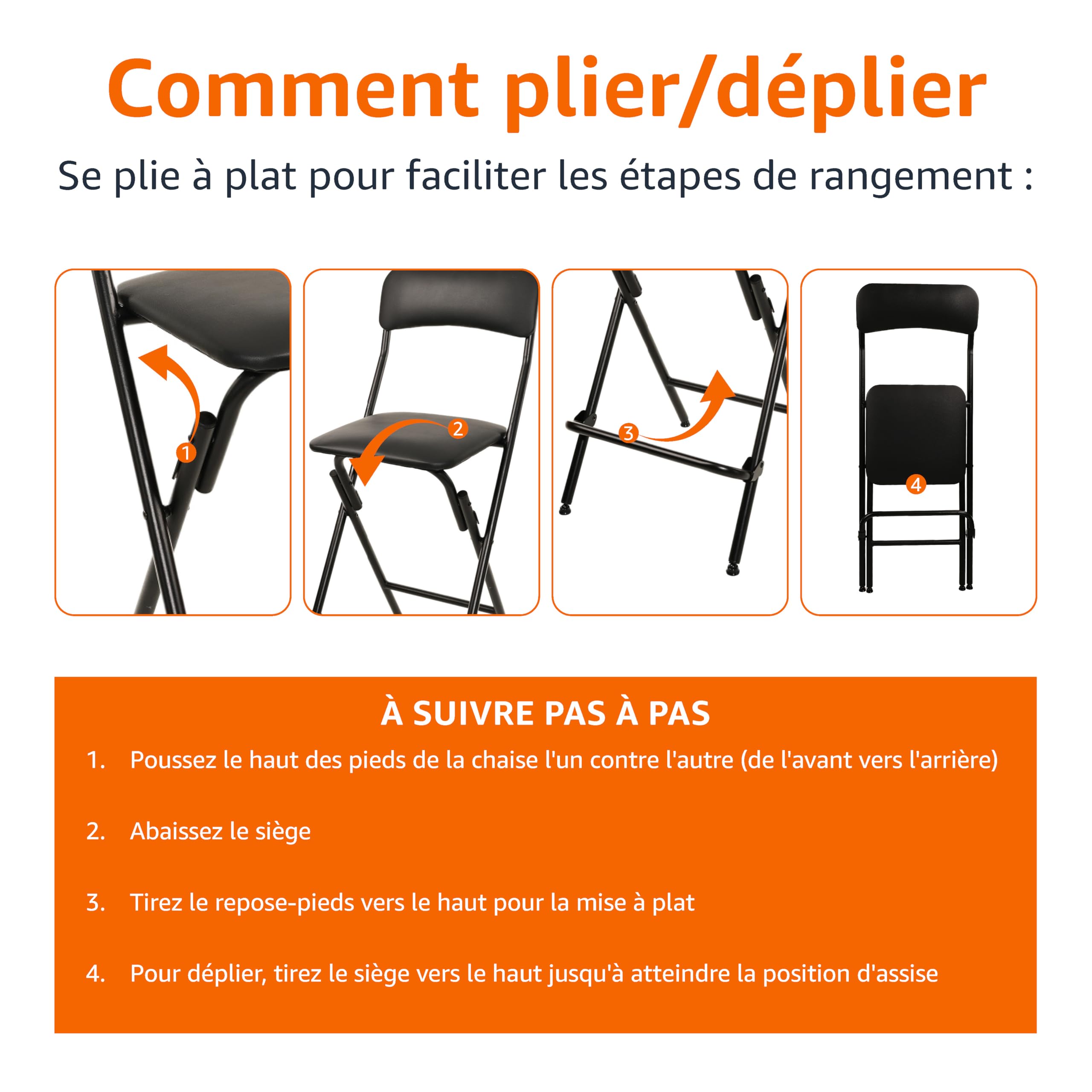 Amazon Basics Lot de 2 tabourets pliables avec repose-pieds, capacité 136,1 kg, 61 cm de hauteur, noir