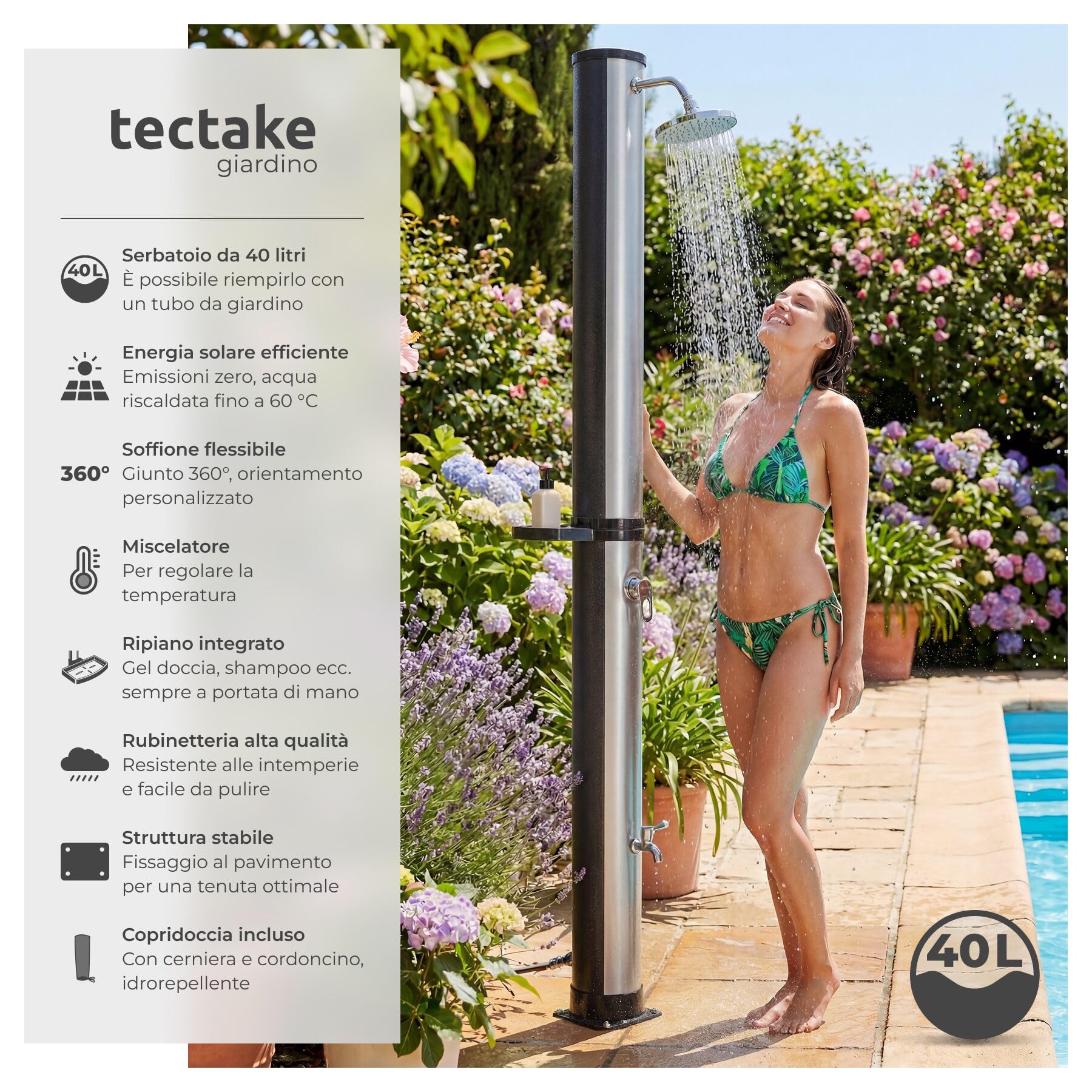 tectake® Doccia Solare da Giardino 40 Litri, Soffione Doccia Orientabile 360°, Accessori Giardino Esterno Campeggio Piscina, con Cover Protettiva, Portasapone, Rubinetto, Attacco Acqua - Nero/Argento