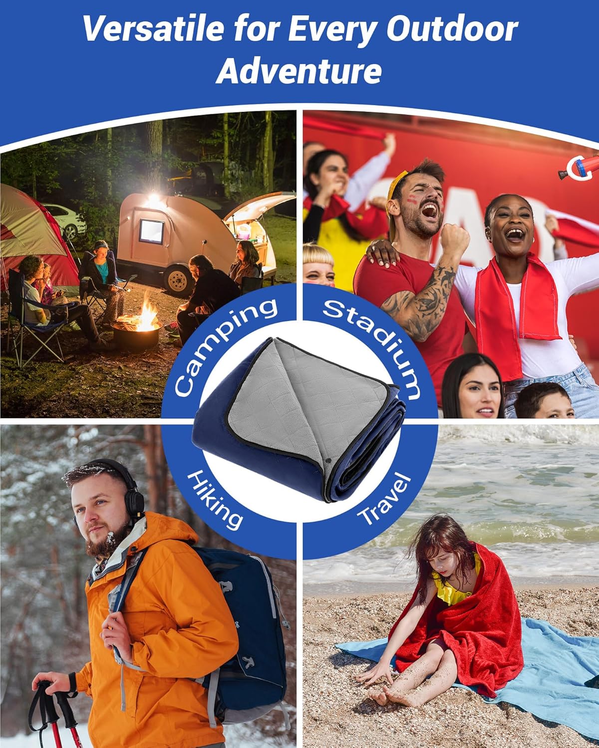 4 Pack Outdoor Camping Blanket Bulk - Fleece Waterproof & Foldable Stadium Blanket with Portable Bag for Cold Weather Sports Pet Beach Picnic Stadium Travel Car - 79 * 55inch