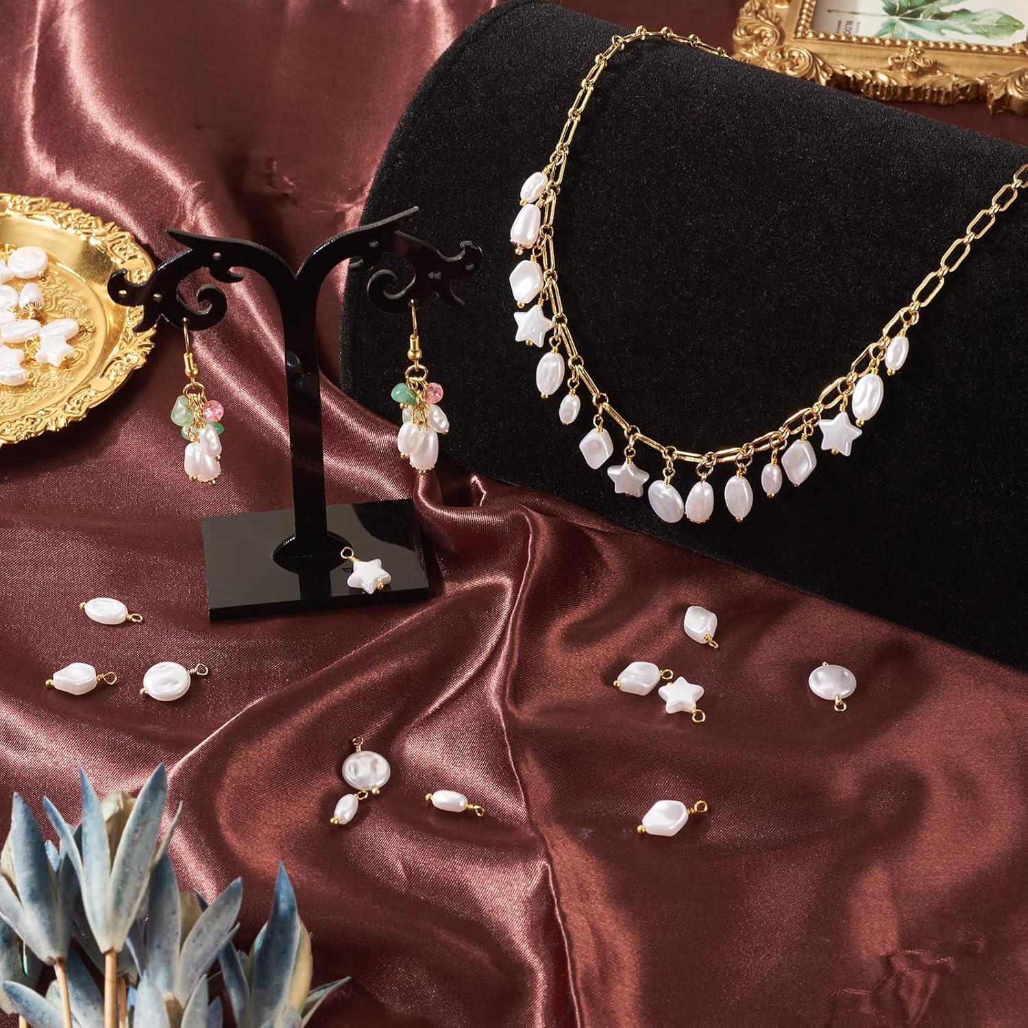 Cheriswelry 48pcs Pearl Pendants Star Flat Round Oval Rhombus Dangle Pearl Charms Real 18K Gold Plated Plastics Pendant 13.5~16mm for DIY Craft Earring Bracelet Necklace Jewelry Making - Image 2