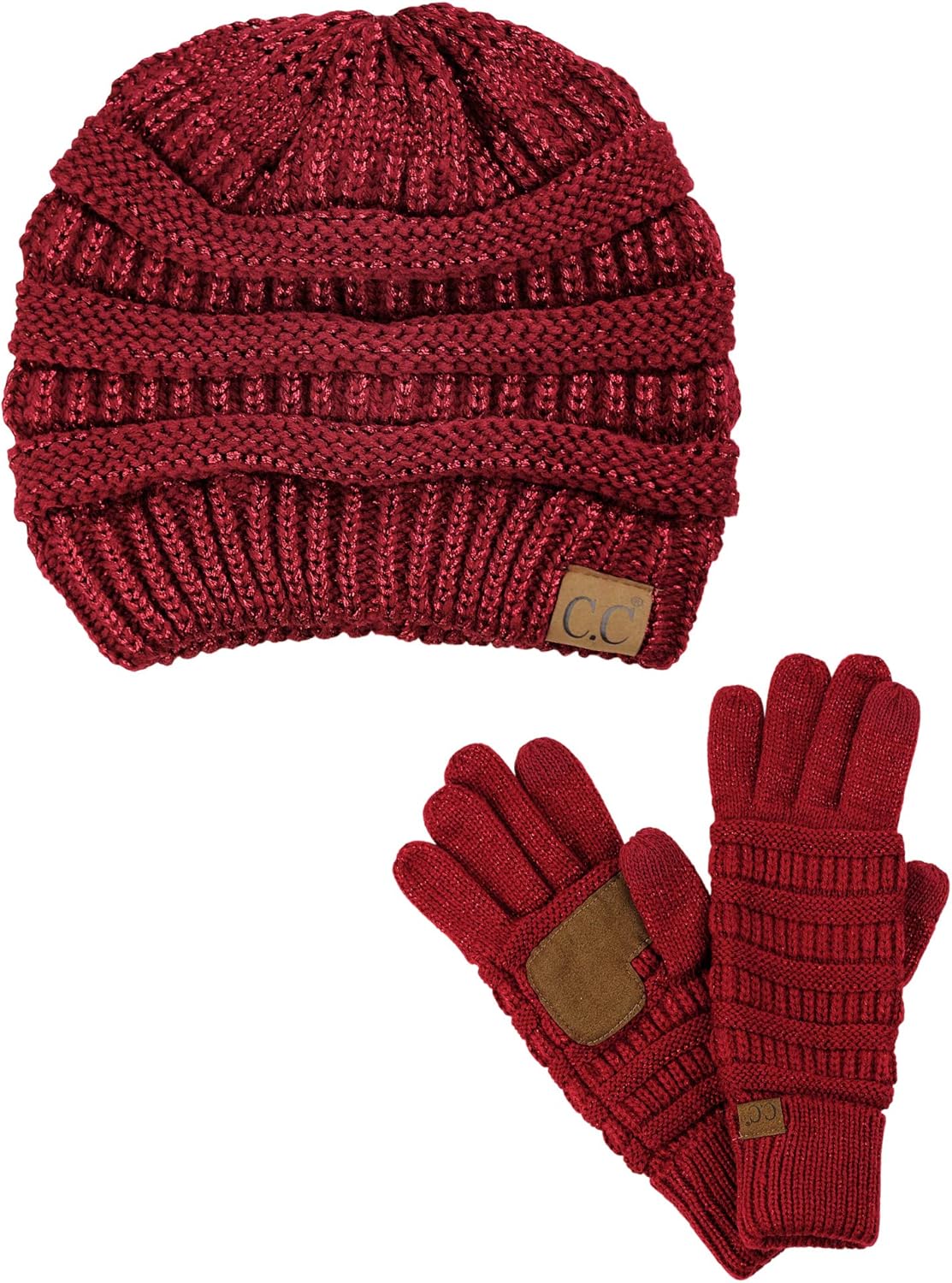 C.C Unisex Soft Stretch Cable Knit Beanie and Anti-Slip Touchscreen Gloves 2 Pc Set
