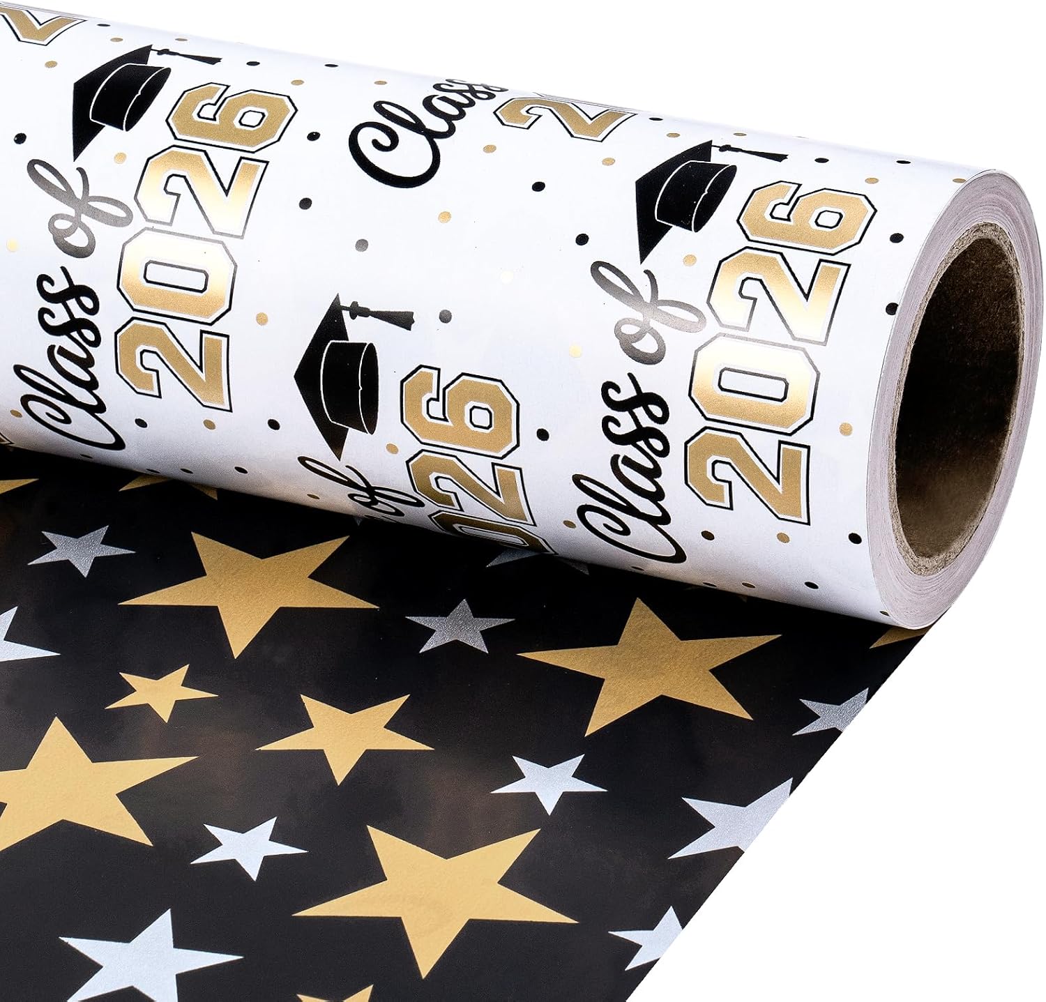 RUSPEPA 30" X 32.8' Reversible Graduation Wrapping Paper Large Paper Roll, Jumbo Roll, Gold Class of 2016 Congrats Grad Design with Caps & Black Star Pattern, Gold Foil Gift Wrap for Graduation Party