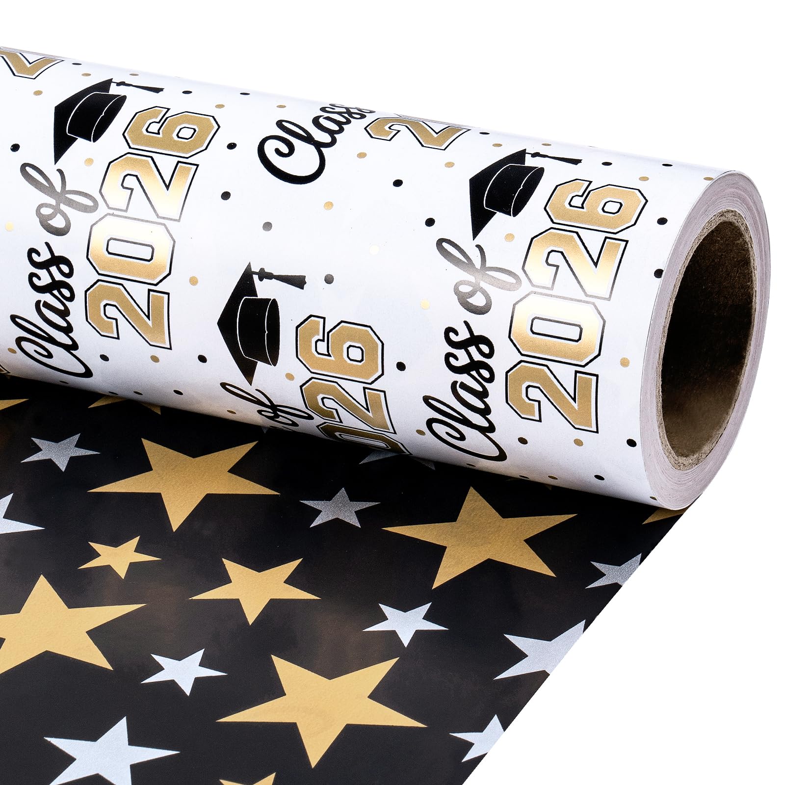 Photo 1 of RUSPEPA Reversible Graduation Wrapping Paper Roll, Mini Roll, Gold Class of 2026 Congrats Grad Design with Caps and Black Star Pattern, Gold Foil Gift Wrap for Graduation Party, 17 Inch x 16.4 Feet