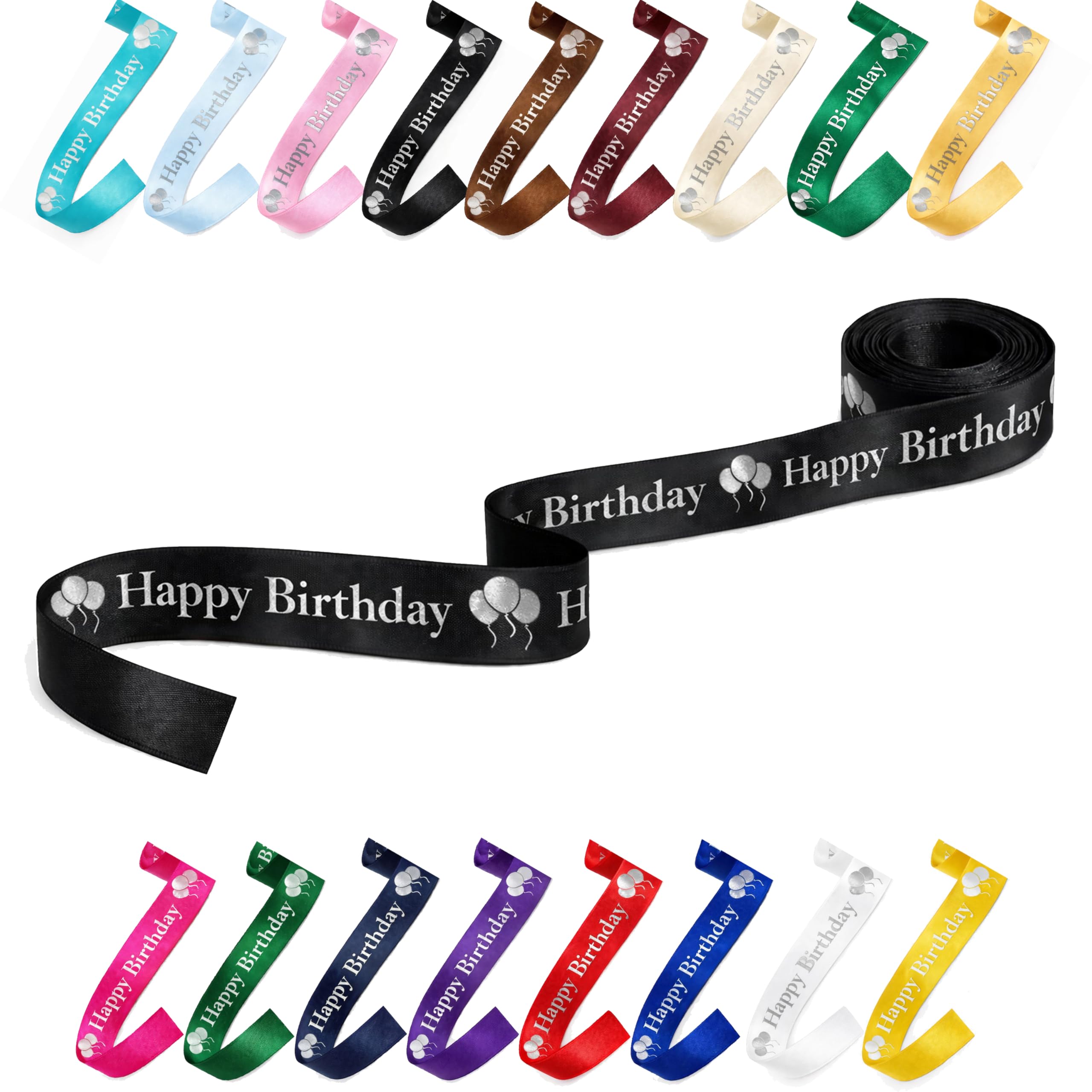 25mm (1") Wide Happy Birthday Luxury, Vibrant Satin Ribbon for Gift Wrapping, Flower Bouquet, Crafts, Balloons, Party Decoration with Metallic Silver Text & Balloon Print (Black, 5 Metres)