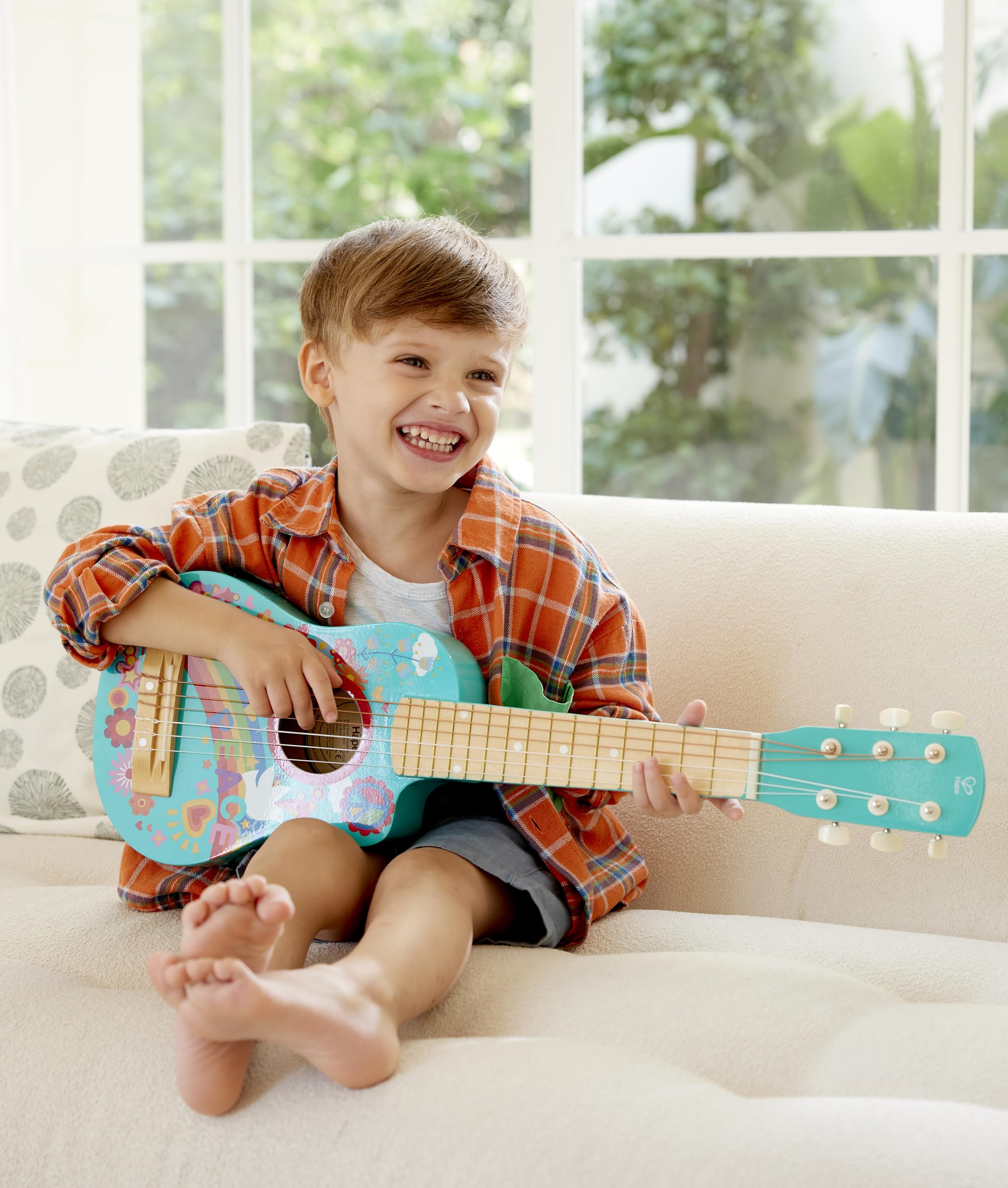 Hape - Chitarra Figli dei Fiori Blu | Strumento Giocattolo in Legno con Decorazioni Flower Power per Bambini dai 3 Anni in su