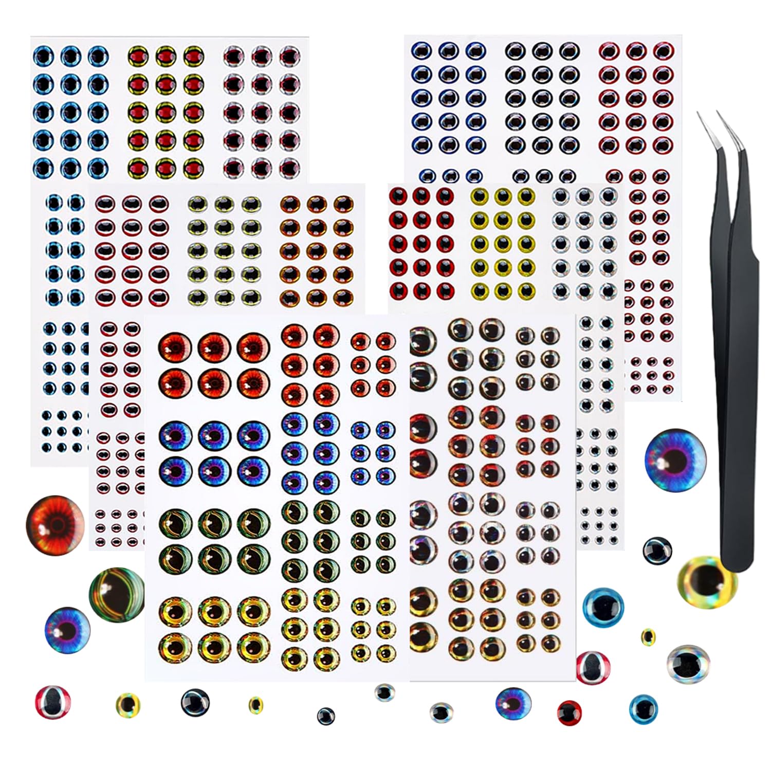 876 PCS Fishing Lure Eyes, 3D 4D 5D Oval Realistic and Circular Lure Eye with 1 Piece Tweezer for Making Fish Bait-6 Sizes: 3 mm/ 4 mm/ 5 mm/ 6 mm/ 8 mm/ 10 mm
