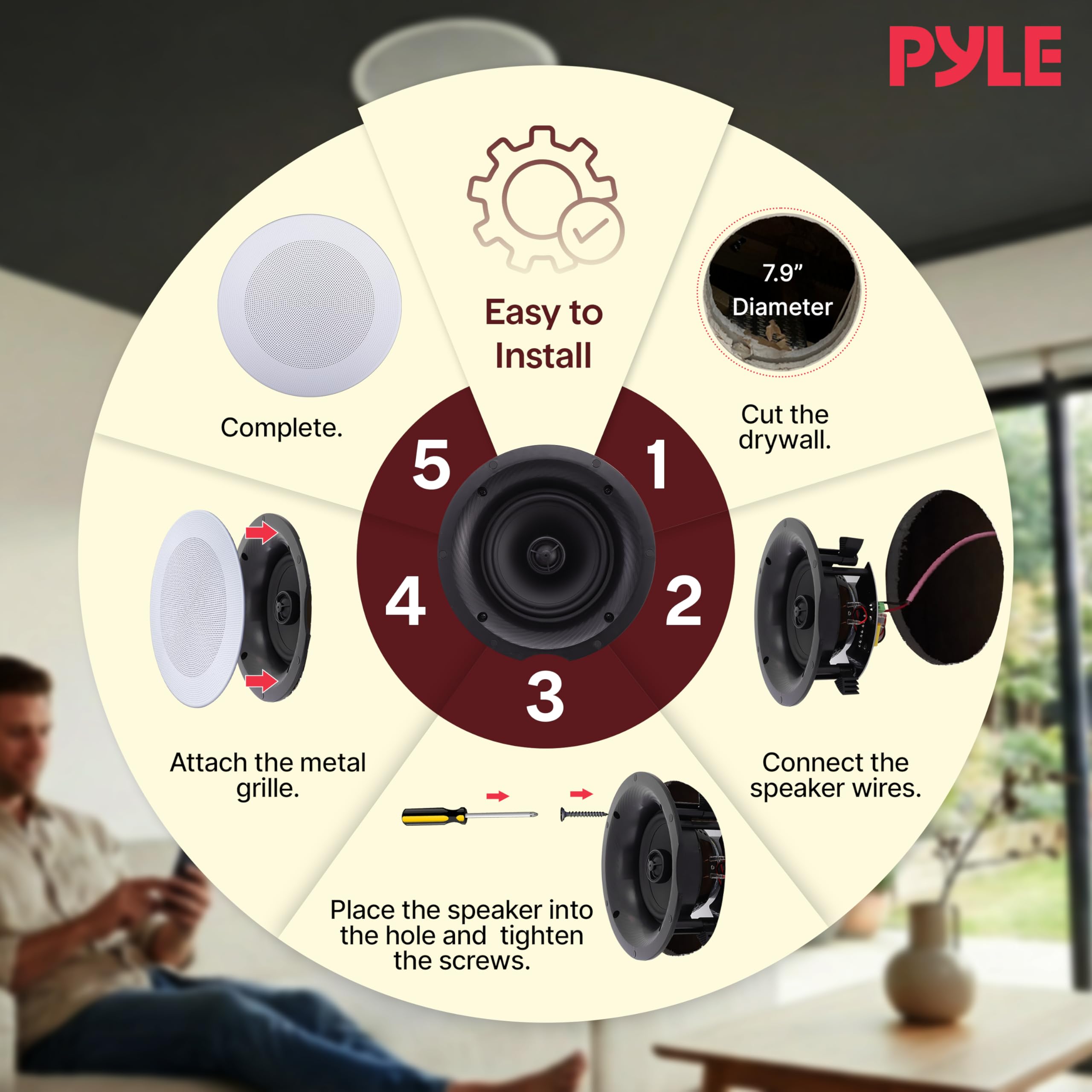 Pyle 8" Bluetooth Ceiling/Wall Speaker Kit, 250W Flush Mount 2-Way Home Speakers, 4 Speakers with Wireless Music Streaming, 4-Channel Amplifier, Quick Install, Round & Square Grills, 11.2" x 3.9" Inch
