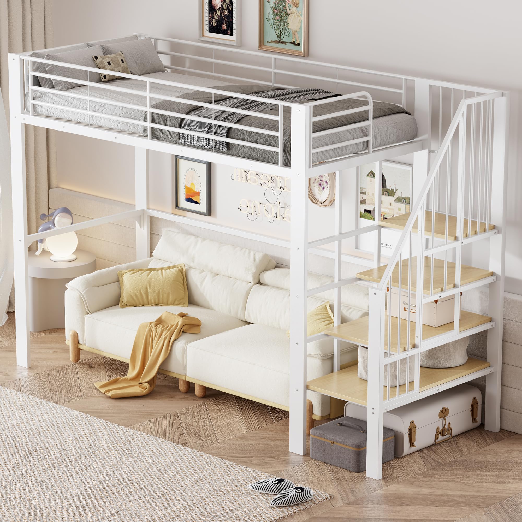 Merax Lit mezzanine 90x200 cm en métal avec échelle et espace de rangement sous le lit, lit simple peu encombrant pour enfants et adultes, lit métallique au design moderne, Blanc (sans matelas)