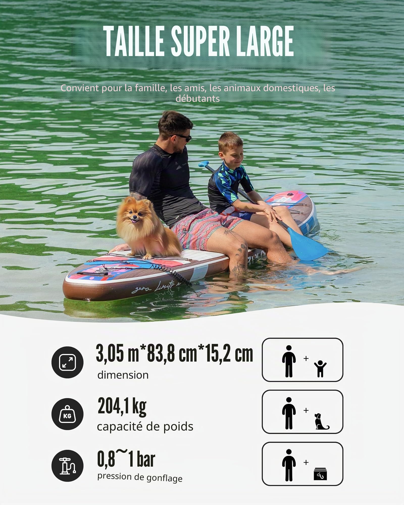 ZLX Paddle Gonflable Adulte 2 Places 320 x 84cm, Stand Up Paddle avec Siège Kayak, Planche Sup Complète avec Accessoires, pour Débutants et Tous Niveaux