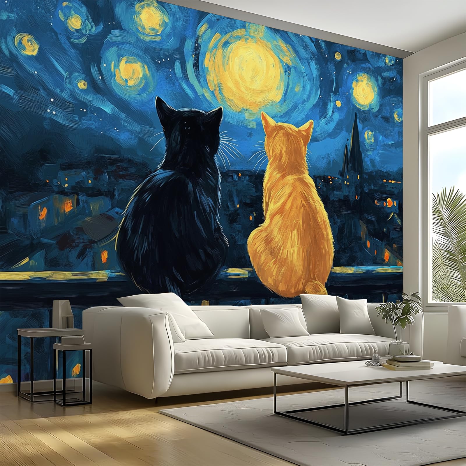 Painting Photo Wallpaper, 3D Starry Sky Cat Wall Mural, Peel and Stick Wall Murals, Large Photo Wallpaper for Living Room Bedroom Dormitory Hotel Themed Rooms 300 x 256 cm — image 1