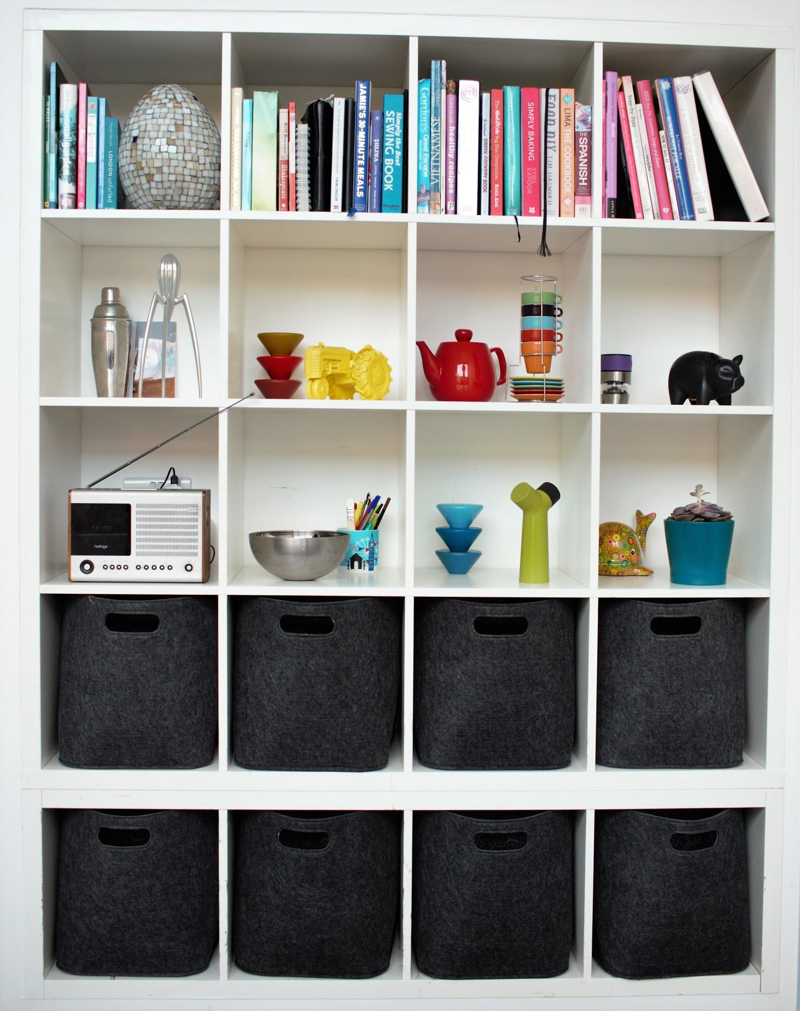 Set of 4 Storage Basket for Ikea Kallax Storage Unit - Grey Felt Storage Basket with Modern Print Lining