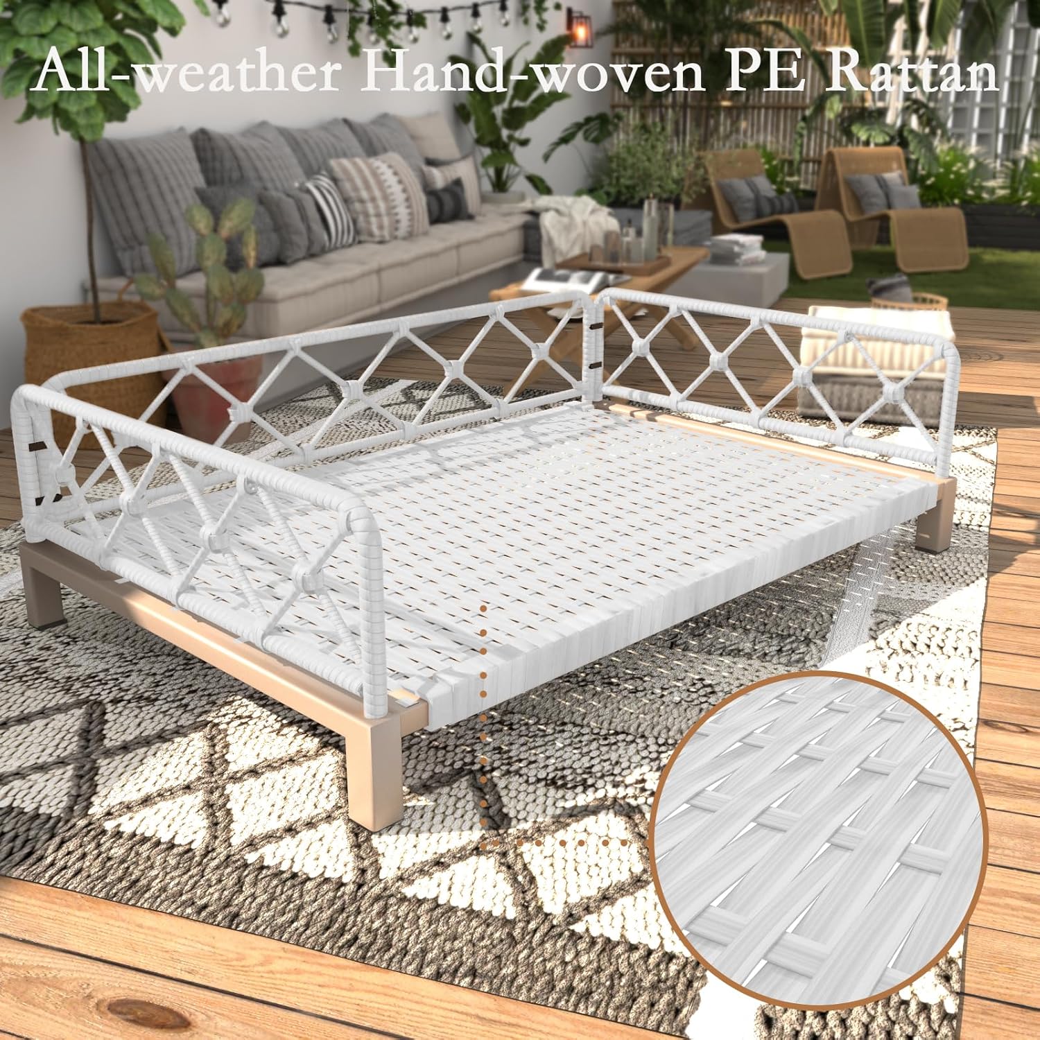 Dog Bed, Outdoor Waterproof Elevated Dog Couch with Washable Removable Cushion, Boho White Rattan Wicker Orthopedic Indoor Raised Pet Sofa for Large Dogs (40" x 25", Gray)