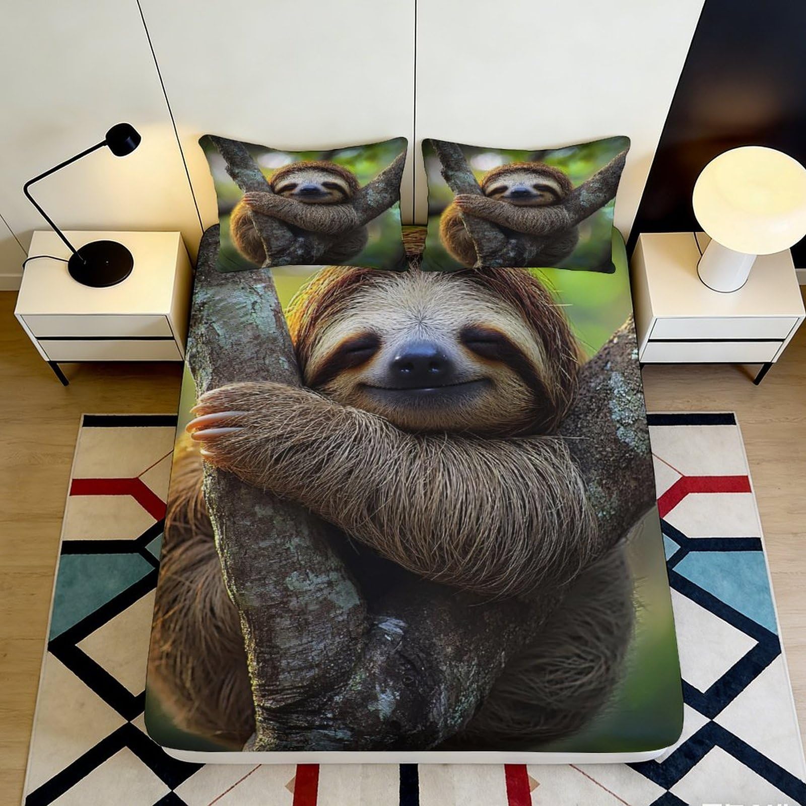 3D Printed Sloth Tree Hug Fitted Sheet Microfiber Anti-Slip Machine Washable Mattress Cover for Bedroom Dorm Decor 180x200x25cm
