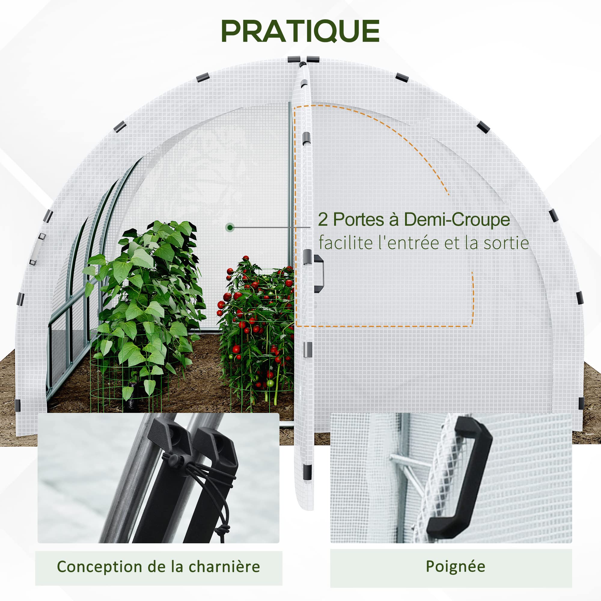 Outsunny Serre de Jardin Tunnel Surface Sol 12 m² 4L x 3l x 2H m châssis Tubulaire renforcé 25 mm Double Porte avec poignées Blanc