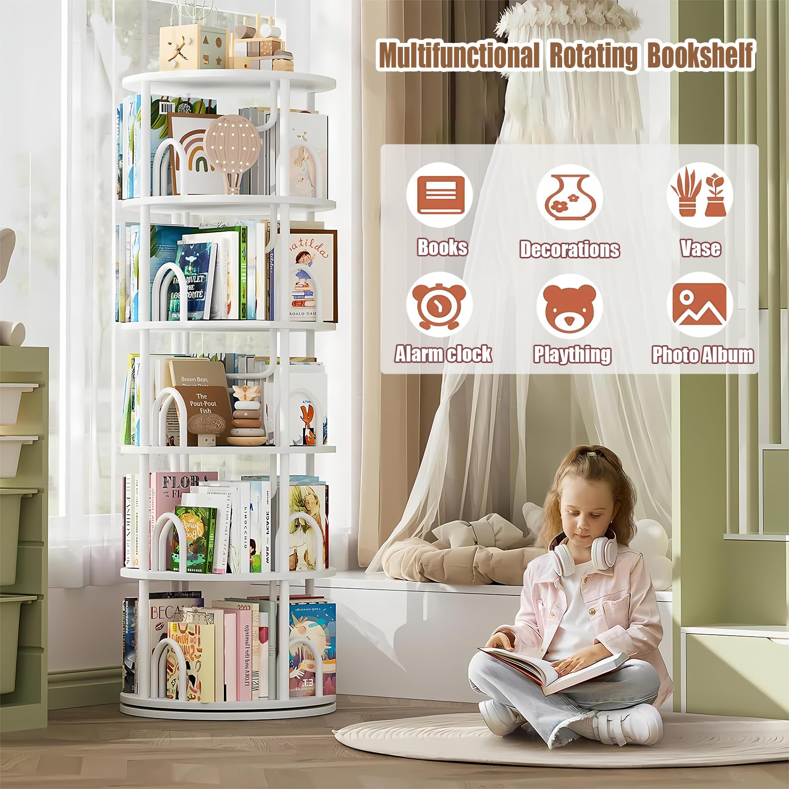 Estantería giratoria de 360°, Librería de Madera, estantería de pie, estante de almacenamiento de pie, Organizador Libros, CDs, Estanteria de Esquina para Salon, Estudio y Dormitorio (B, 6 Niveles)
