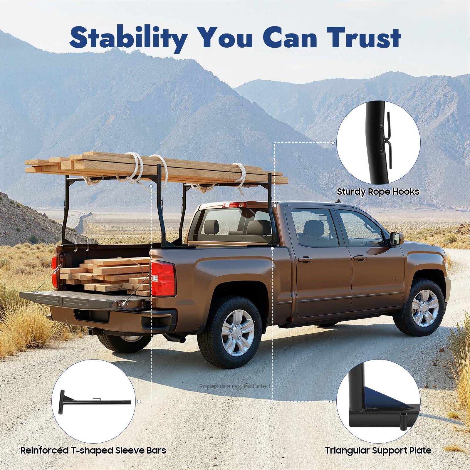 Portaequipajes Pickup para caja de carga, estante separador ajustable para camioneta, portaescaleras para camión, hasta 362 kg, portaescaleras de acero con pernos en J sin taladrar, estante