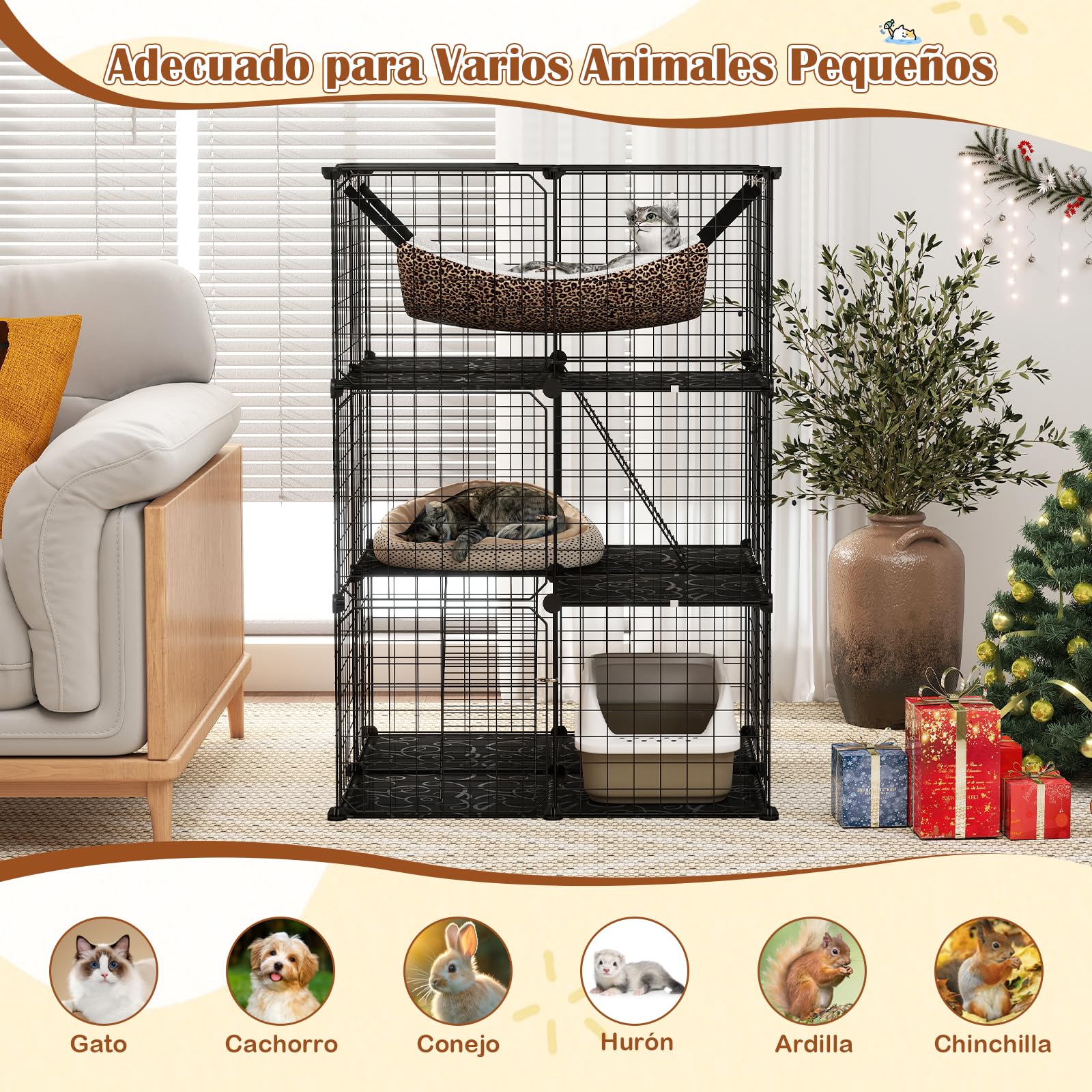 GYMAX Jaula Interior de 3 Niveles para Gatos, con Hamaca, 2 Escaleras, Panel Desmontable, Alambre Metálico y 3 Puertas Bloqueables, Apta para 1-3 Mascotas