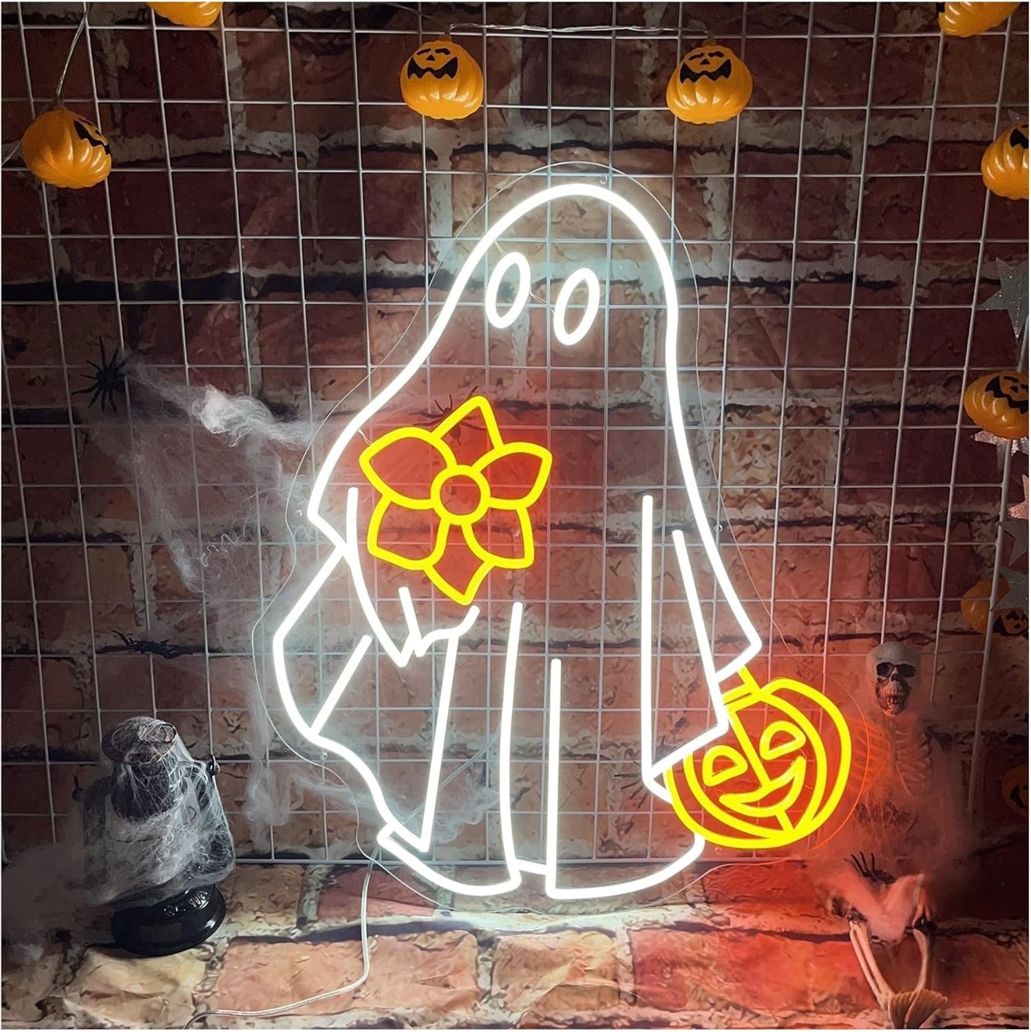 ハロウィン風カボチャ ネオン看板 – wonderlandmoving サインランプ ゴーストネオンサイン、かわいい不気味なゴーストサイン、カボチャ付き、レストランに最適、男の隠れ家パーティー、カボチャの