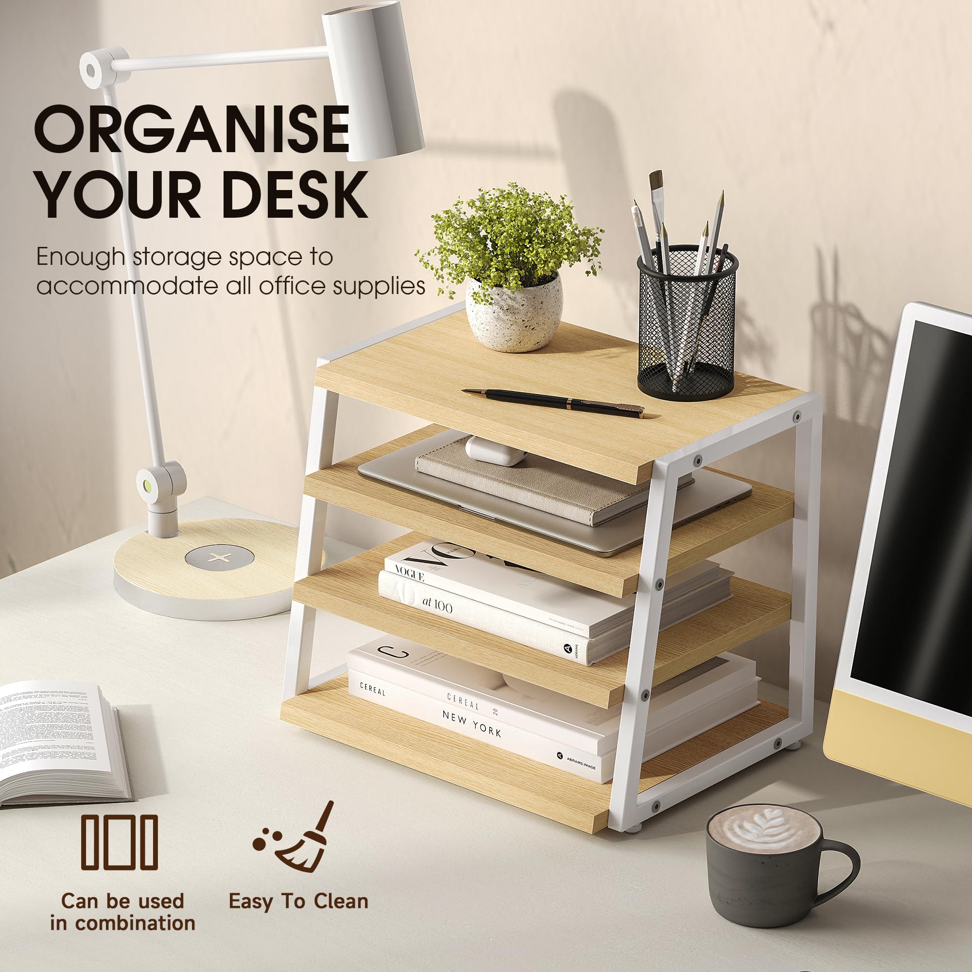 Fenge Organiseur de Bureau À 4 Niveaux en Bois, Banette de Rangement, Support Rangement de Fichiers Lettres, Pour Bureau, Maison, Chêne