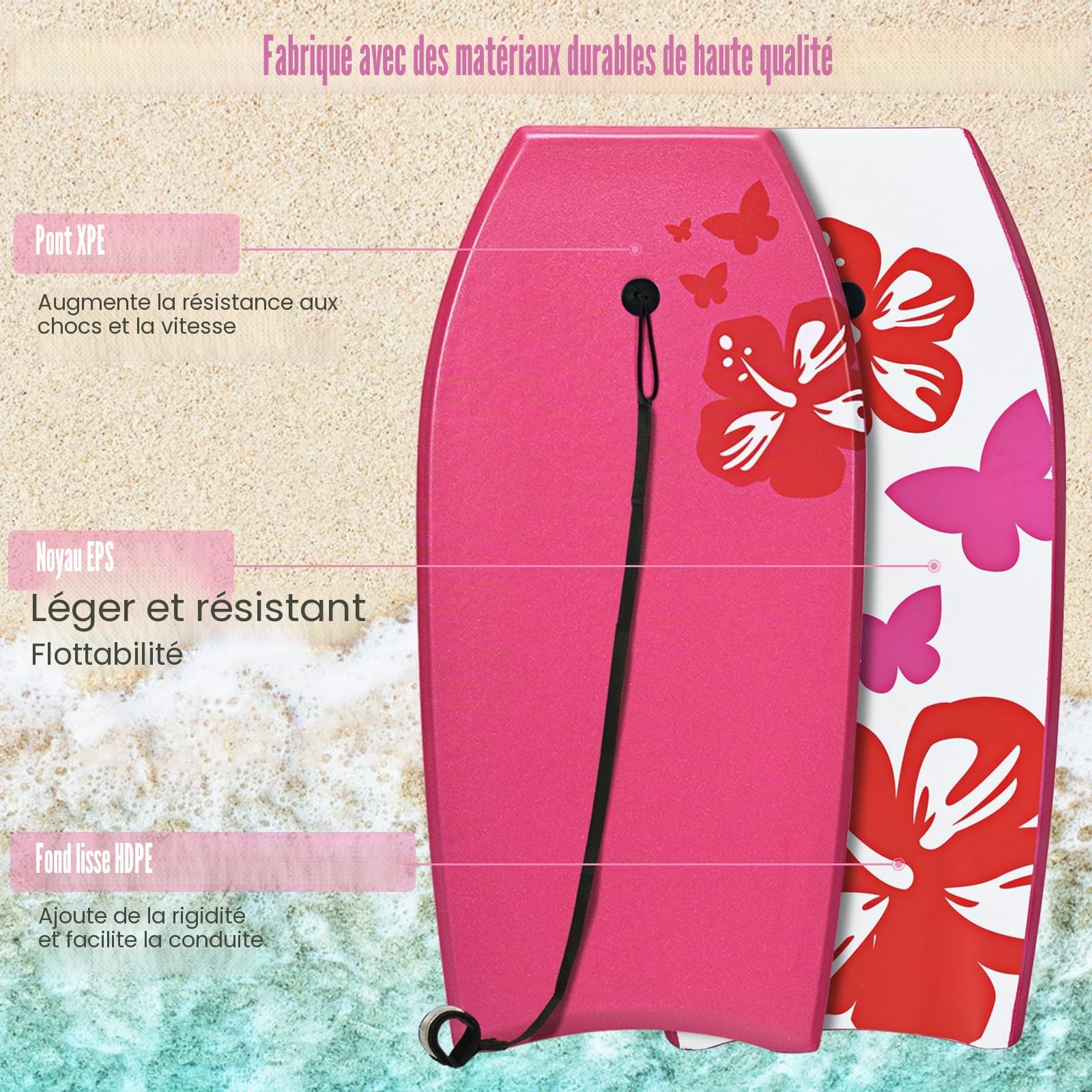 HOMASIS Planche de natation avec corde, planche de surf portable pour adultes et enfants à partir de 14 ans, 105 x 51 cm, rose rouge