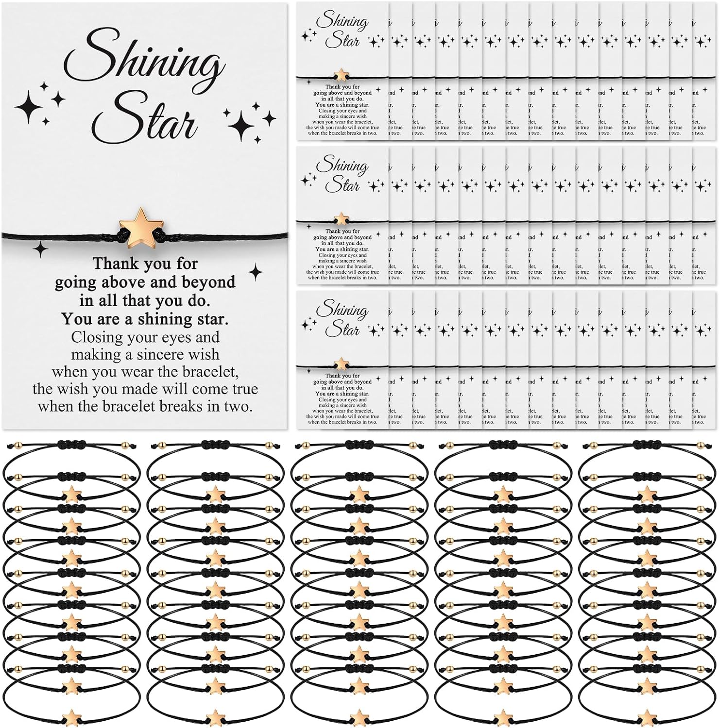 Colarr 50 Sets Star Gifts Wish Bracelets Bulk Inspirational Teacher Appreciation Thank You Gift Adjustable Friendship Bracelets with Wish Cards for School Students Employee Coworker Team