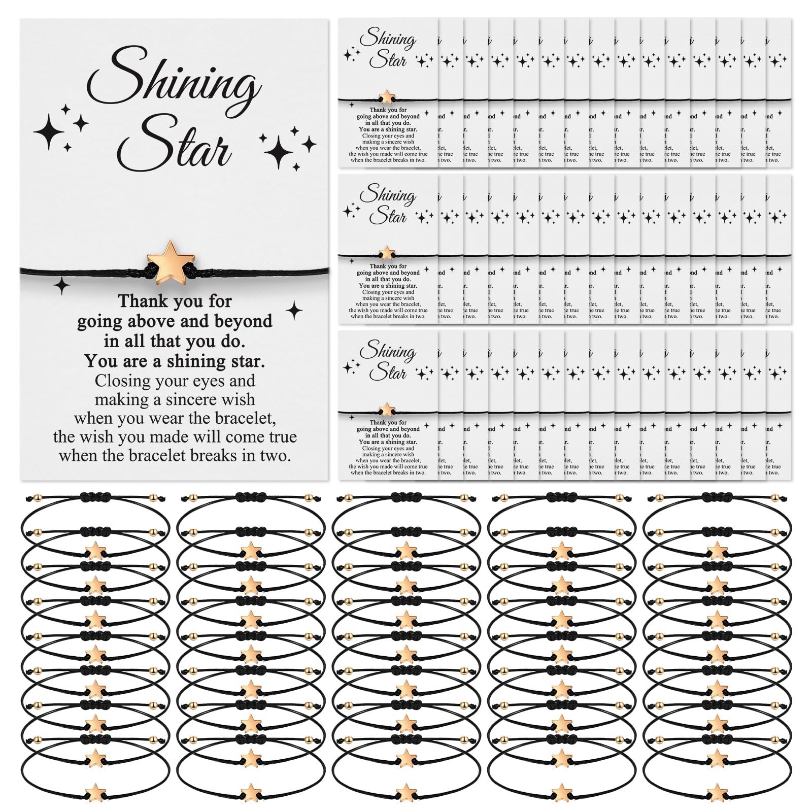 Colarr 50 Sets Star Gifts Wish Bracelets Bulk Inspirational Teacher Appreciation Thank You Gift Adjustable Friendship Bracelets with Wish Cards for
