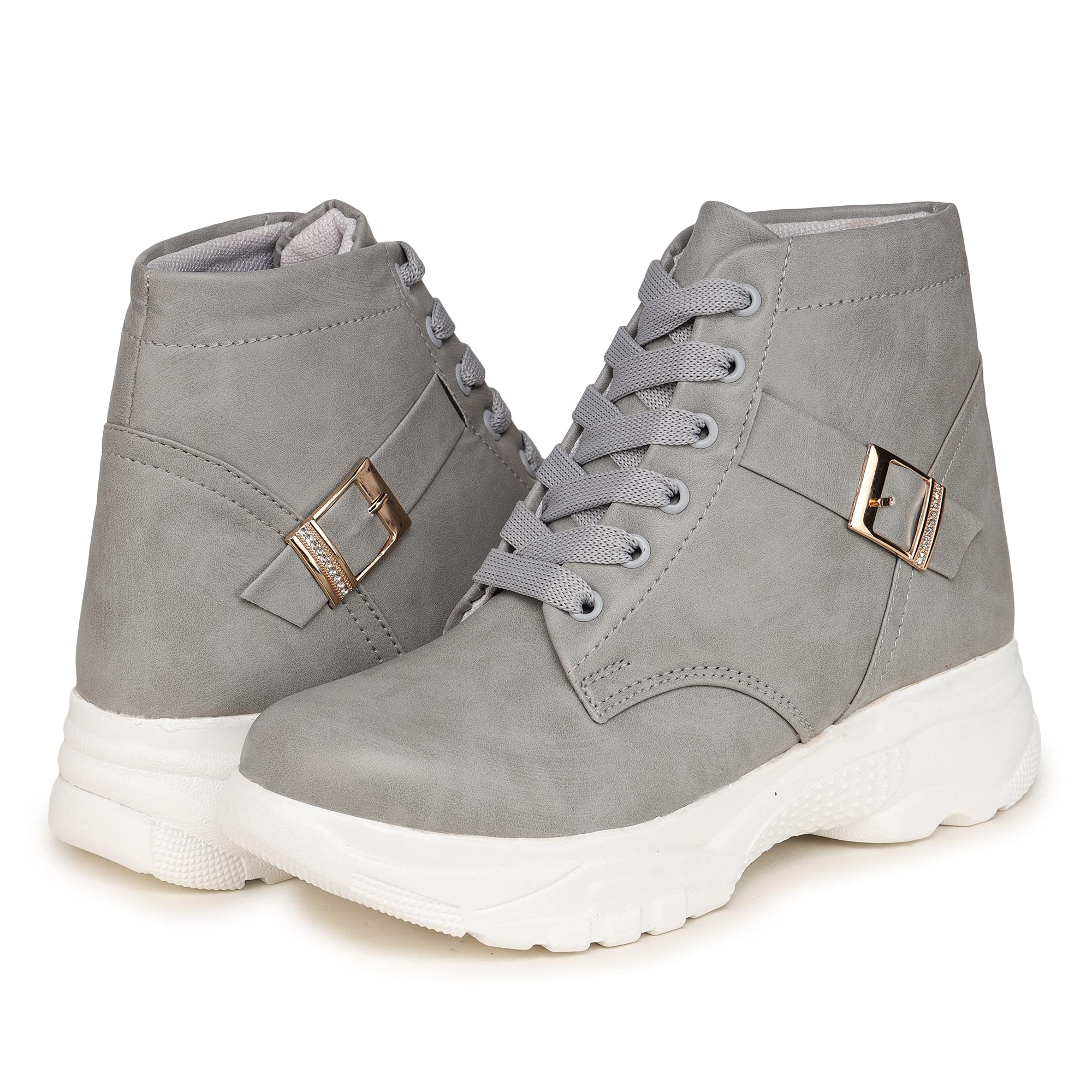BOOTCO Shoes for Women High Ankle Flat Heel Boot Shoes for Girls with Buckle Grey (B0987268G5) Amazon Price History, Amazon Price Tracker