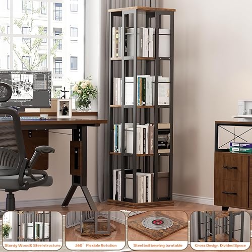 Miniatura 6 de Aheaplus Rotating Bookshelf, Corner Bookshelf, 360 Display Wood Spinning Bookshelfs, Floor Standing Bookcase Narrow Shelf Revolving Organizer Marrón