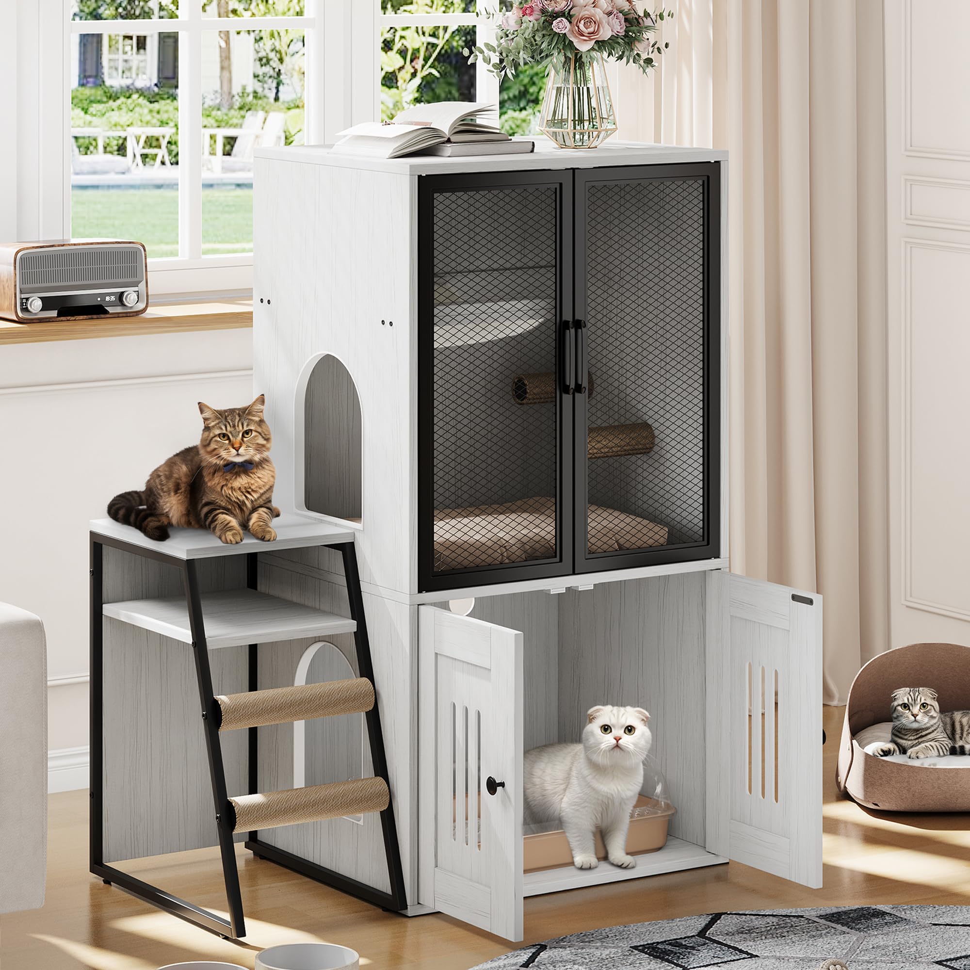 Cat Litter Box Furniture, 2 Tier Enclosed Litter Box Furniture with Doors, Hidden Storage and Ladder, White