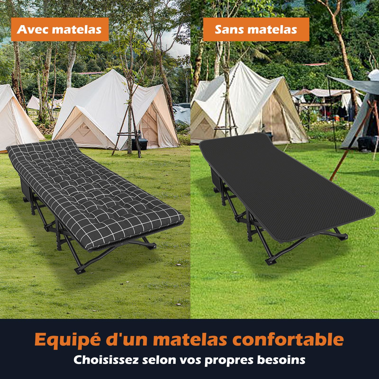 ATORPOK SHOP Lit de Camping Pliable Robuste pour Adultes，lit de Couchage Confortable avec capacité de 200 kg pour Voyage/Bureau/extérieur (Noir)