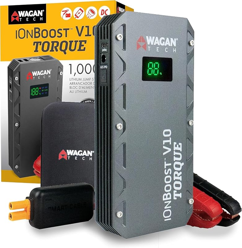 Wagan EL7507 Jump Starter iOnBoost V10 Torque 1000Amp Peak 12V Portable Lithium Car Battery Up to 7.8L V10 or 6.7L Diesel, 12V Jump Pack with Built-in LED Bright Light, UL Certified | 12V Portable Car Battery, Built-in LED Bright Light, Compact Portable Design, Up to 7.8L V10 or 6.7L Diesel, UL Certified