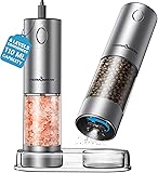 Upgraded Larger Capacity Electric Salt and Pepper Grinder Set, 110ml Rechargeable Salt and Pepper Shaker with LED light, Stainless Steel Automatic Pepper Mill with 6 Adjustable Coarseness Silver