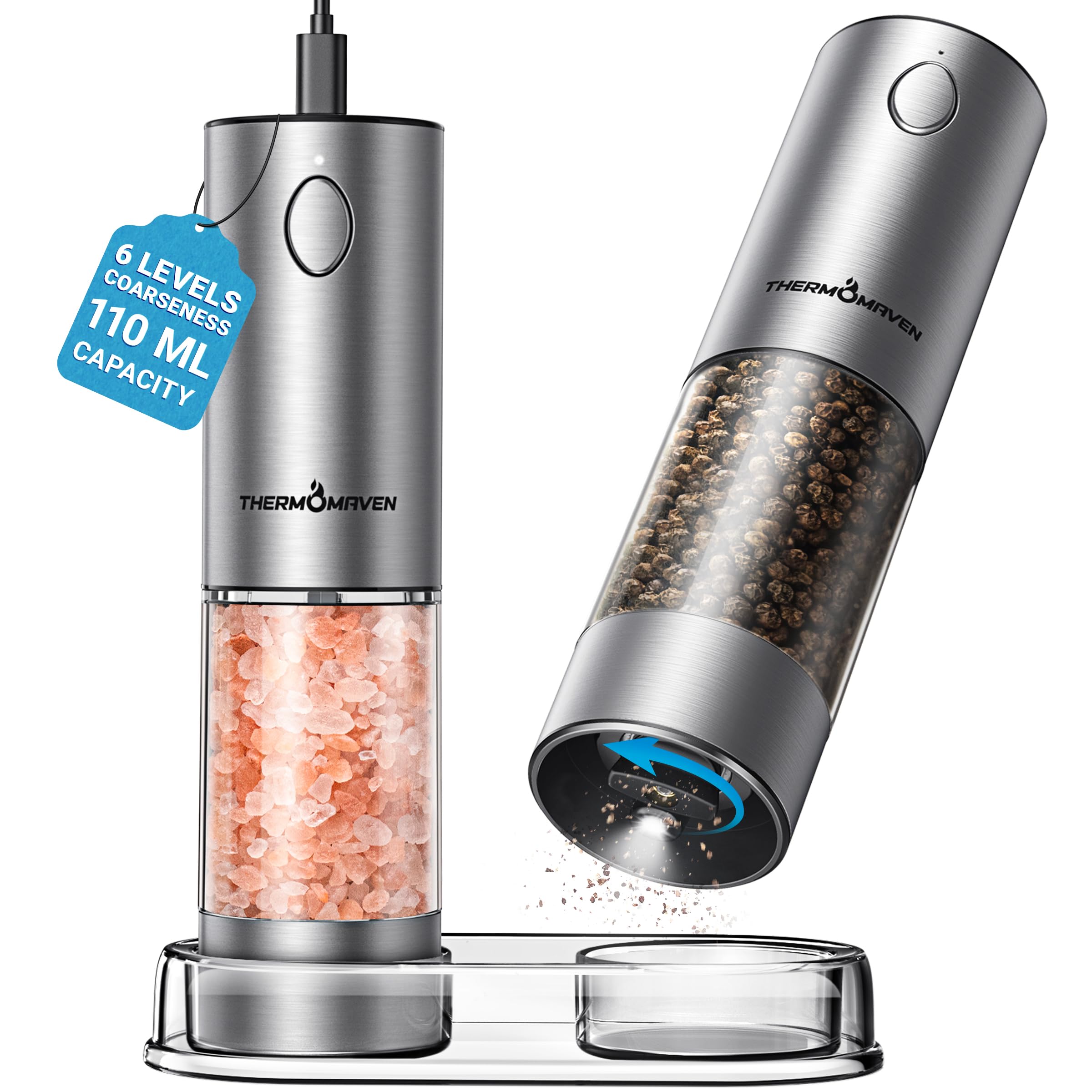 thermomaven upgraded larger capacity electric salt and pepper grinder set 110ml rechargeable salt and pepper shaker with led light stainless steel automatic pepper mill with 6 adjustable coarseness