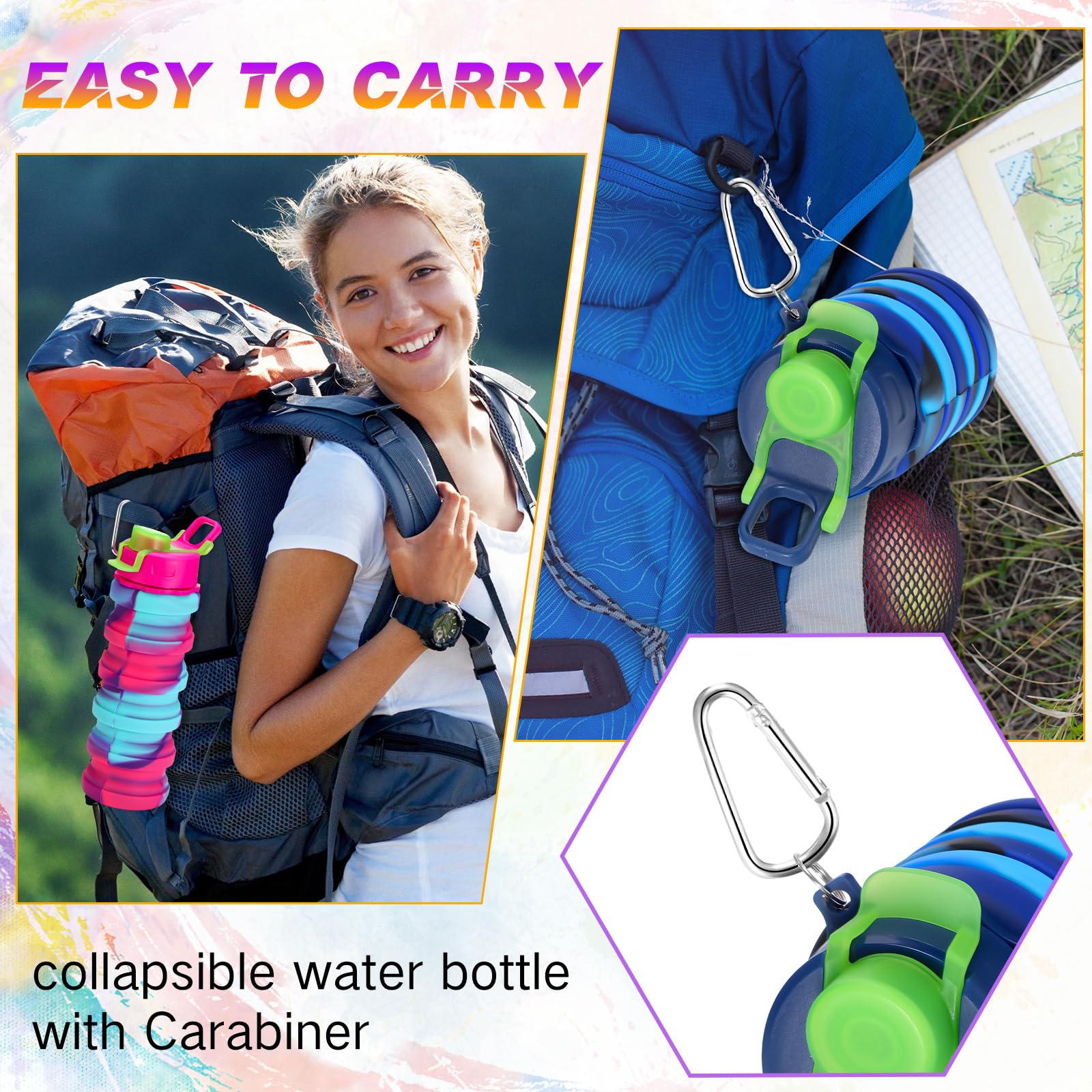 Sunnyray 20 bottiglie d'acqua pieghevoli, 500 ml, in silicone, portatili, pieghevoli, a prova di perdite, riutilizzabili, mimetiche, con clip, per viaggi, escursionismo, campeggio, attività all'aperto