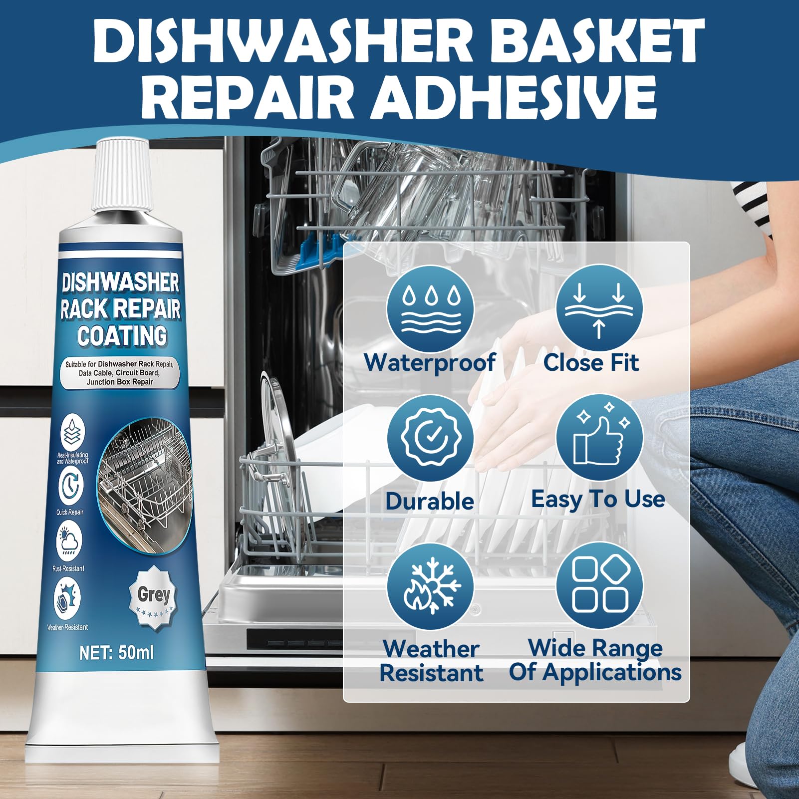 NoxGule Reparador Cesta Lavavajillas, Pintura para Cestas Lavavajillas, Rerack lavavajillas Gris, Fuerte Adherencia, Resistente al Agua, para Reparar Gomas Desprendidas en Cestas, 50ml — view 2