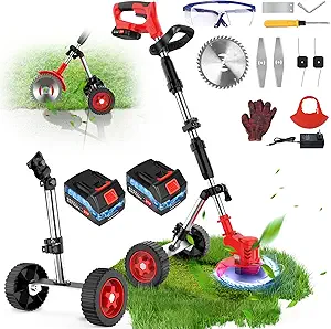 Electric Weed Wacker On Wheels Cordless Weed Eater Battery Powered, 21V 2000mAh Electric String Trimmer with Battery and Charger, Cordless Grass Trimmer, Lawn Edger, Mower, 3-in-1 Garden Cutting Tool