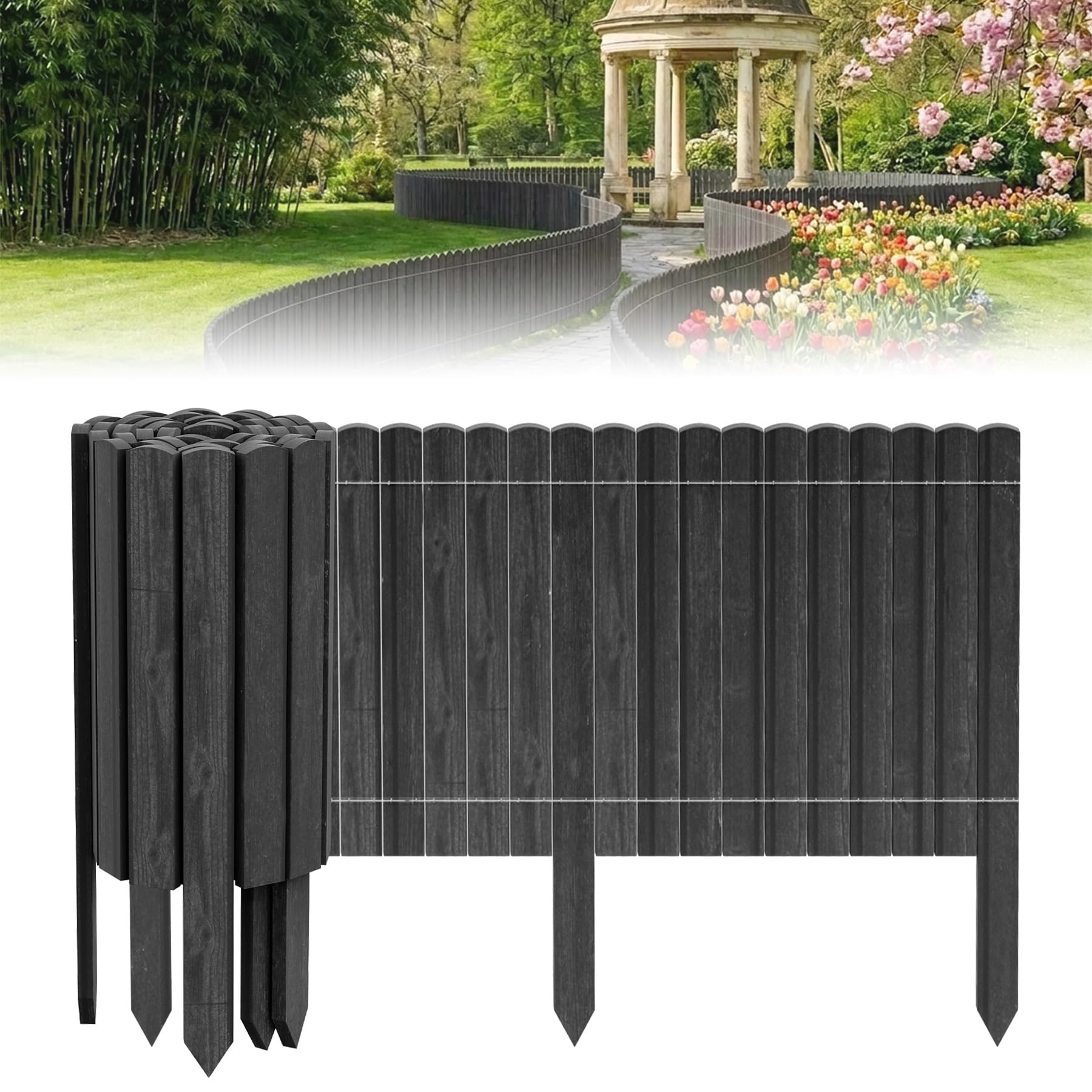 ACXIN Rollborder Holzzaun 200 cm Lang, 40cm Hoch, Kiefernholz Beeteinfassung & Beetumrandung, Gartenpalisade Holz, Staketenzaun, Rasenkante für Blumenbeete, Pflanzbereiche, Naturdeko Anthrazit