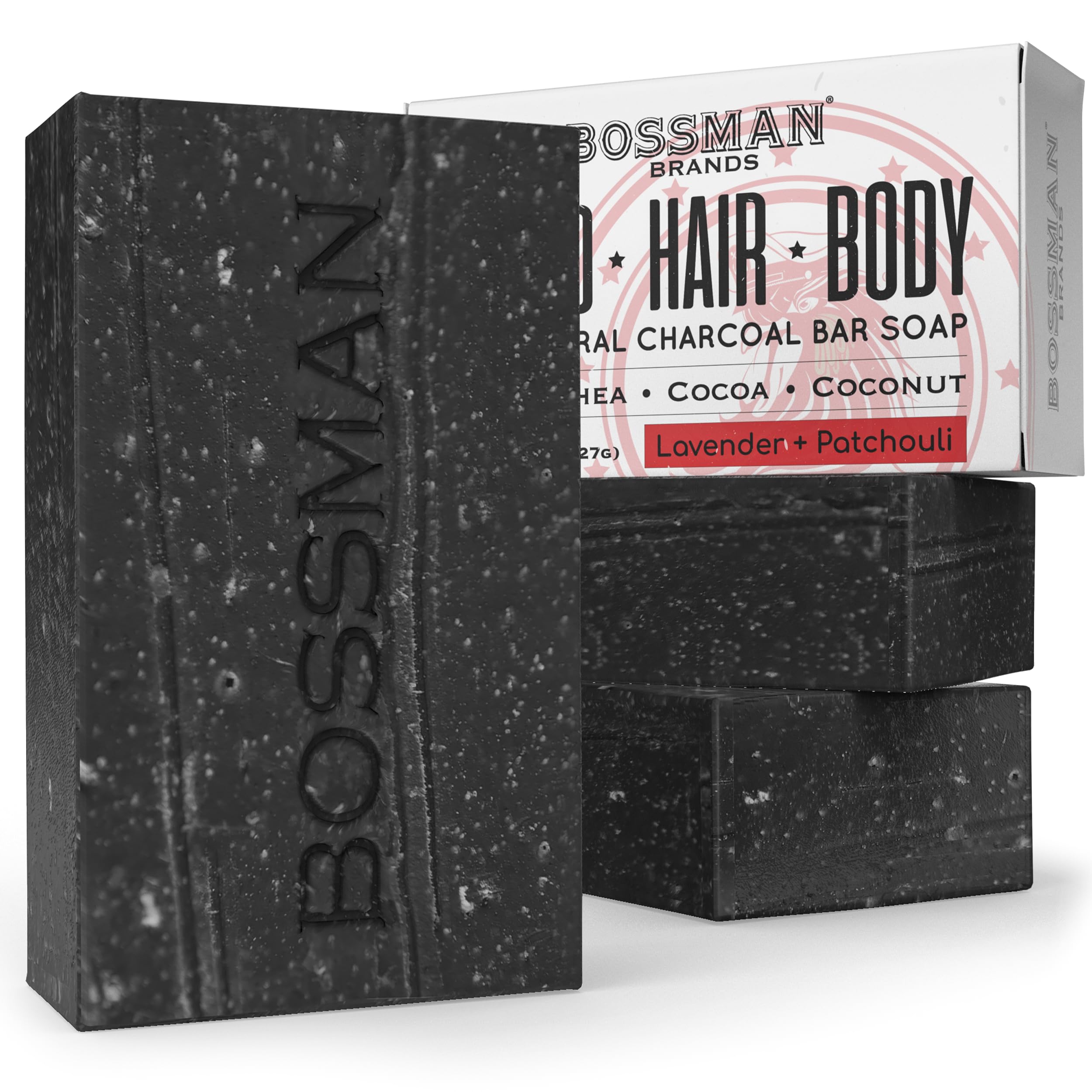 Bossman 3-Pack 4-in-1 Charcoal Soap Bar (4 oz) – Bar Soap for Men – All-Natural Beard Wash, Shampoo, Body Wash & Shaving Solution – Lavender &