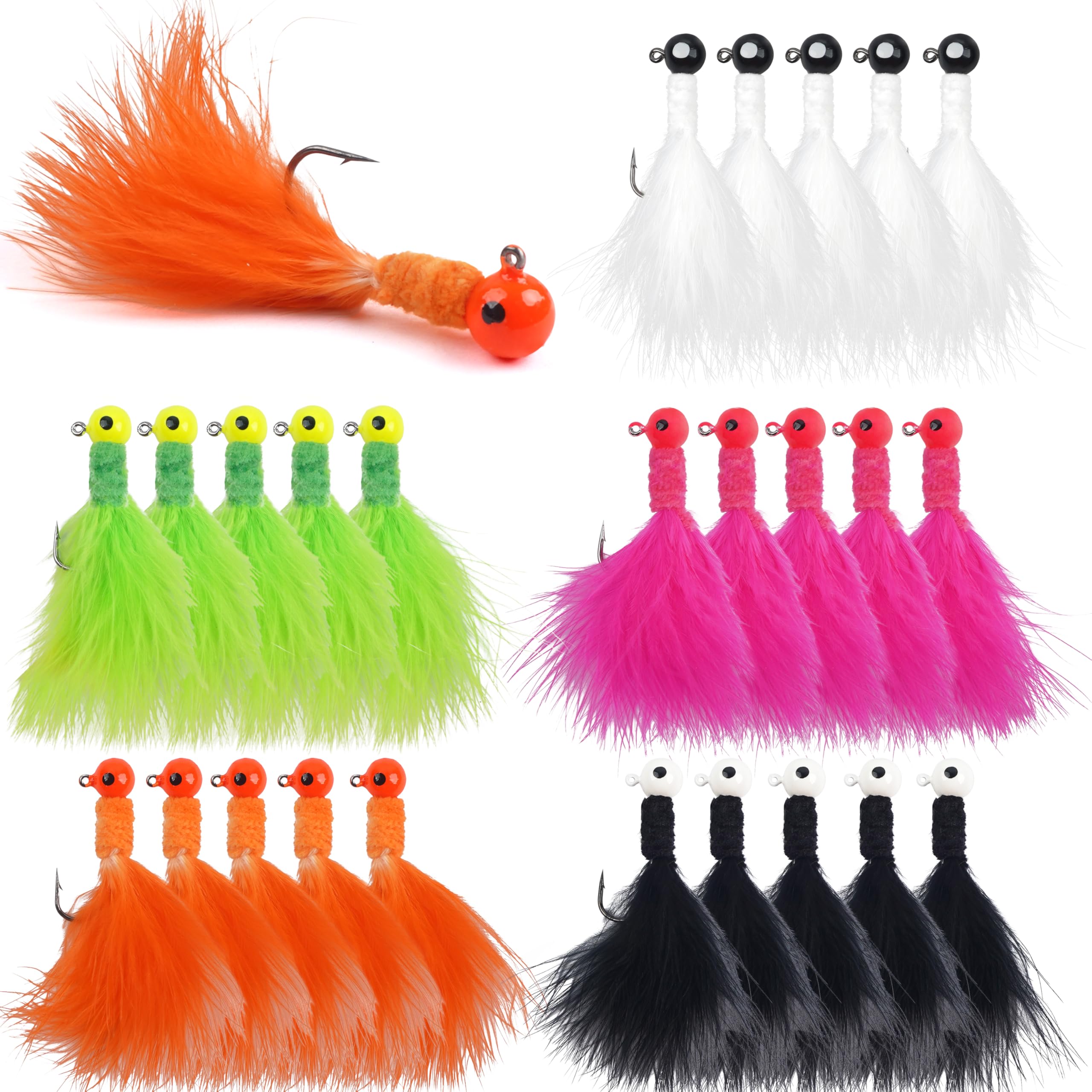 Shaddock Fishing Marabou Jig Heads Kit, 25pcs Crappie Lures Hair Jigs Round Ball Head Hooks Feather Baits for Bass Sunfish Trout Walleye Panfish 1/8oz 1/16oz 1/32oz