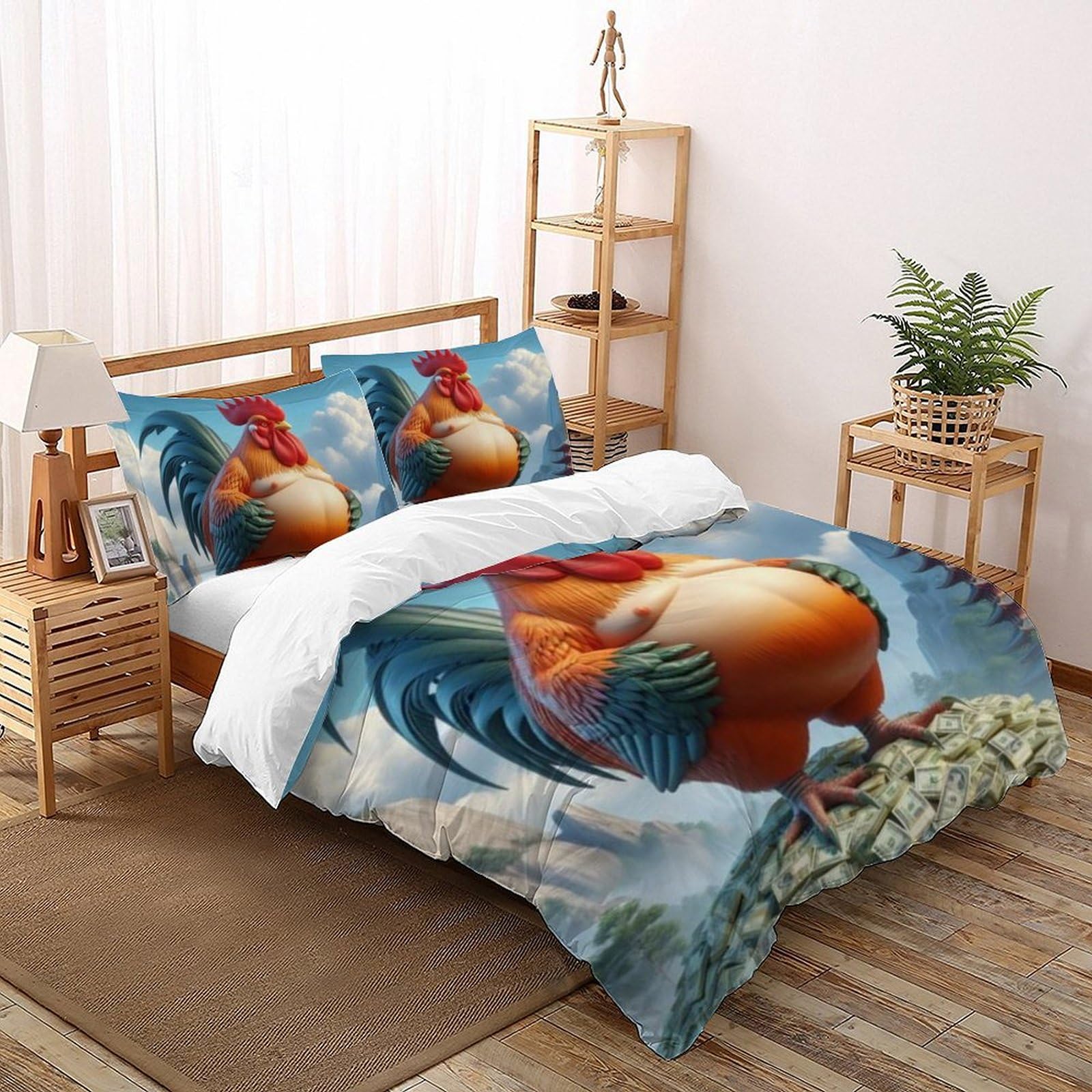 Housse de couette poulet microfibre 220x240 cm infroissable et hypoallergénique avec taies d'oreiller