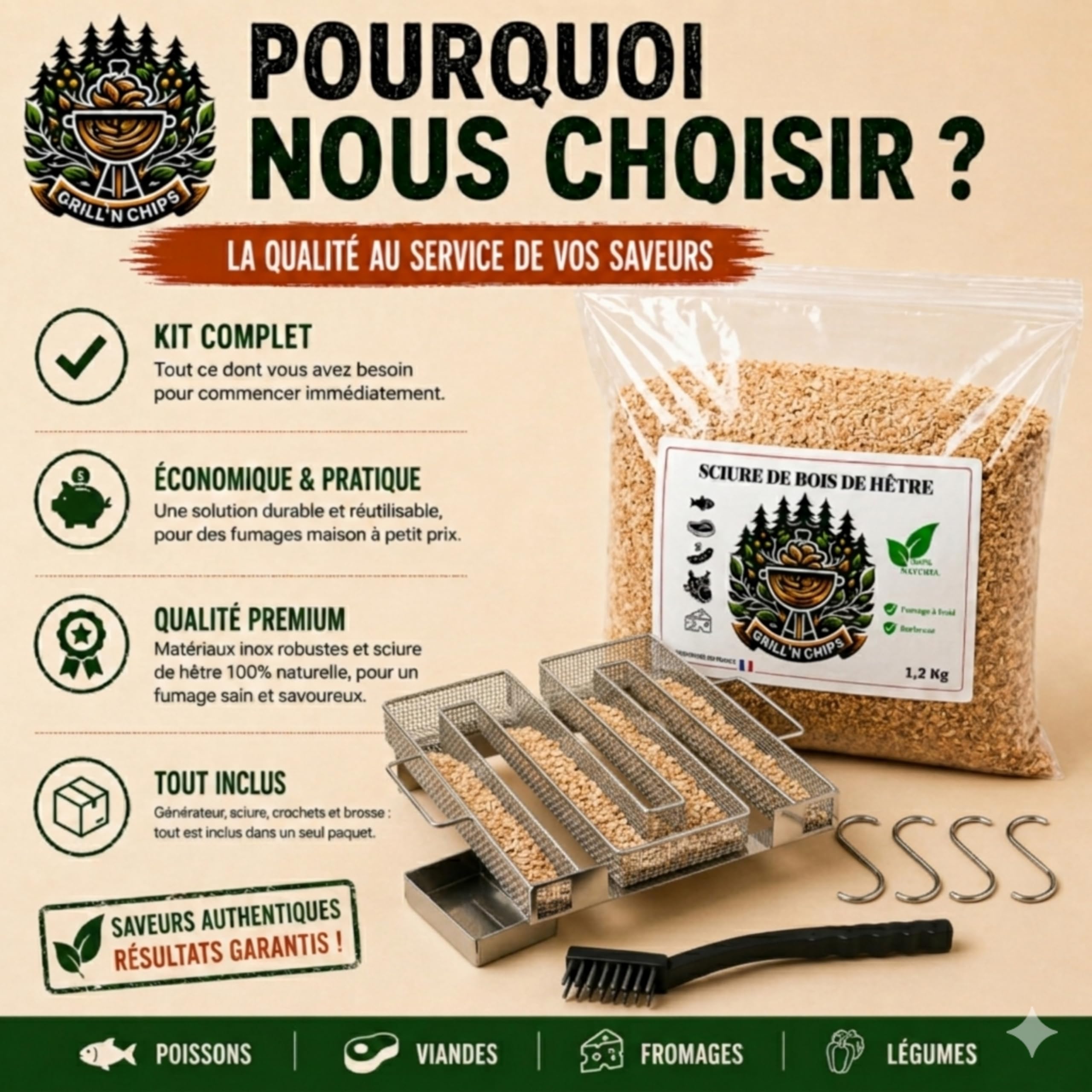 Générateur/Serpentin de Fumée Froide pour Fumoir Viande et Poisson + 1.2kg de Sciure de bois de hêtre + 4 crochets et 1 Brosse de nettoyage - Guide Numérique PDF à Télécharger (Offert)