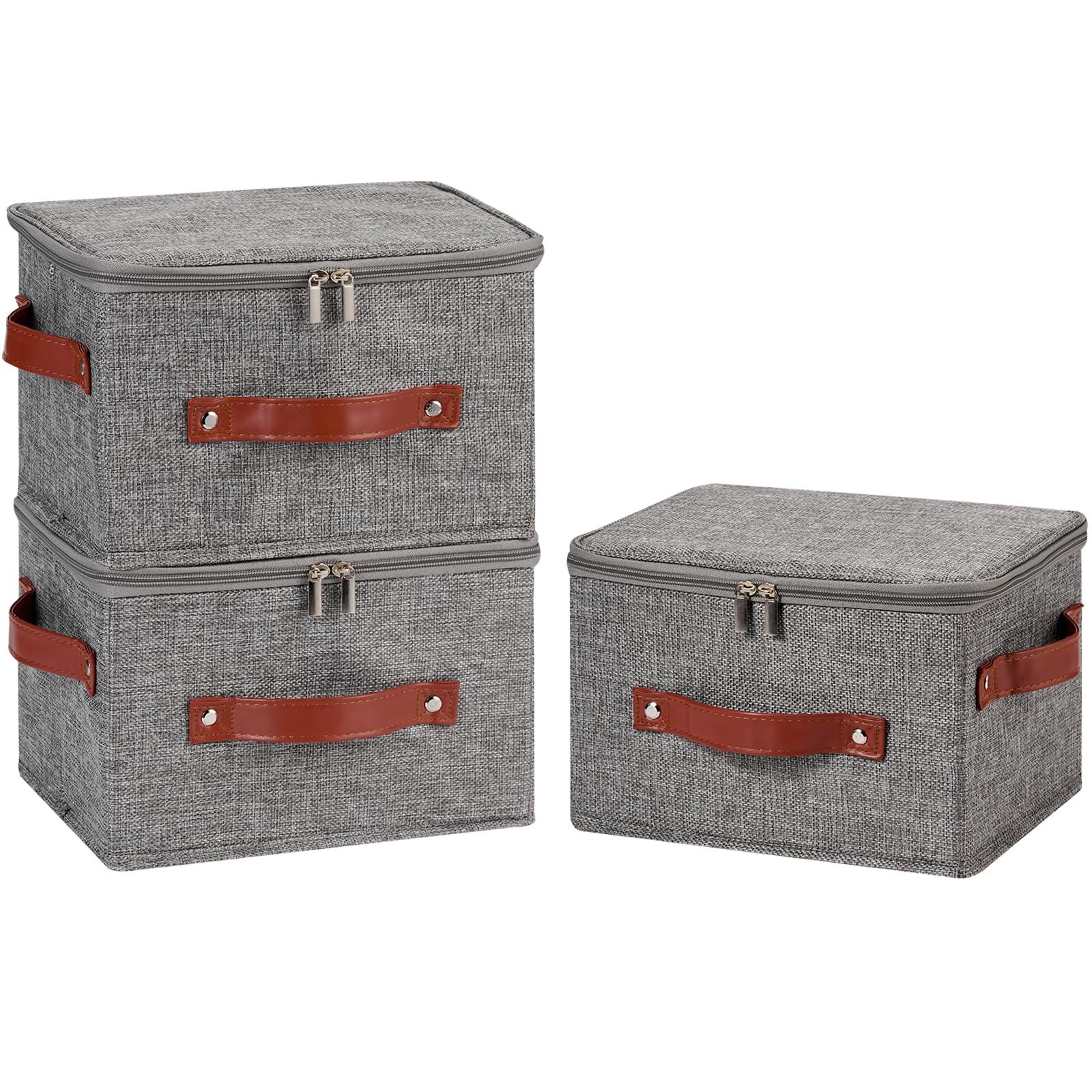 3PCS Storage Bins Boxes with Zippered Lids Cotton Linen Fabric Decorative Basket PU Leather Handles PP Plastic Board Foldable Lidded Clothing Shelf Closet Organizer Container (Gray, Small)