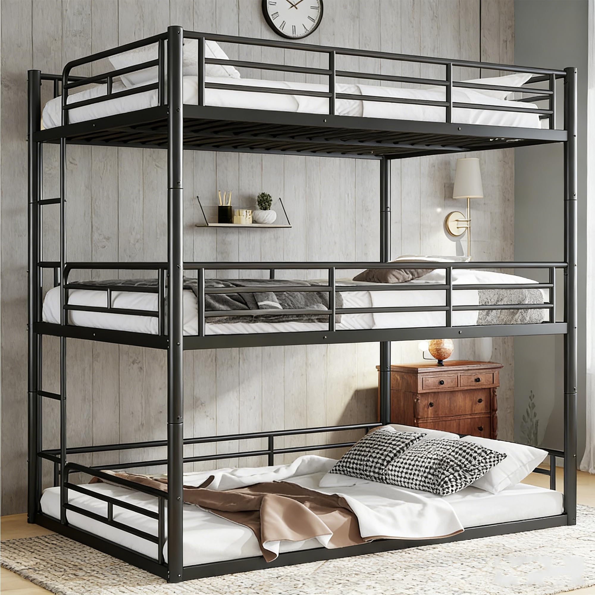 Photo 1 of Bellemave Heavy Duty Triple Bunk Bed Frame for Multiple Kids,Full Over Full Over Full Size Bunk Beds with Safety Guardrails for 3 Kids,Metal Detachable Triple Bed for Boys Girls,Black