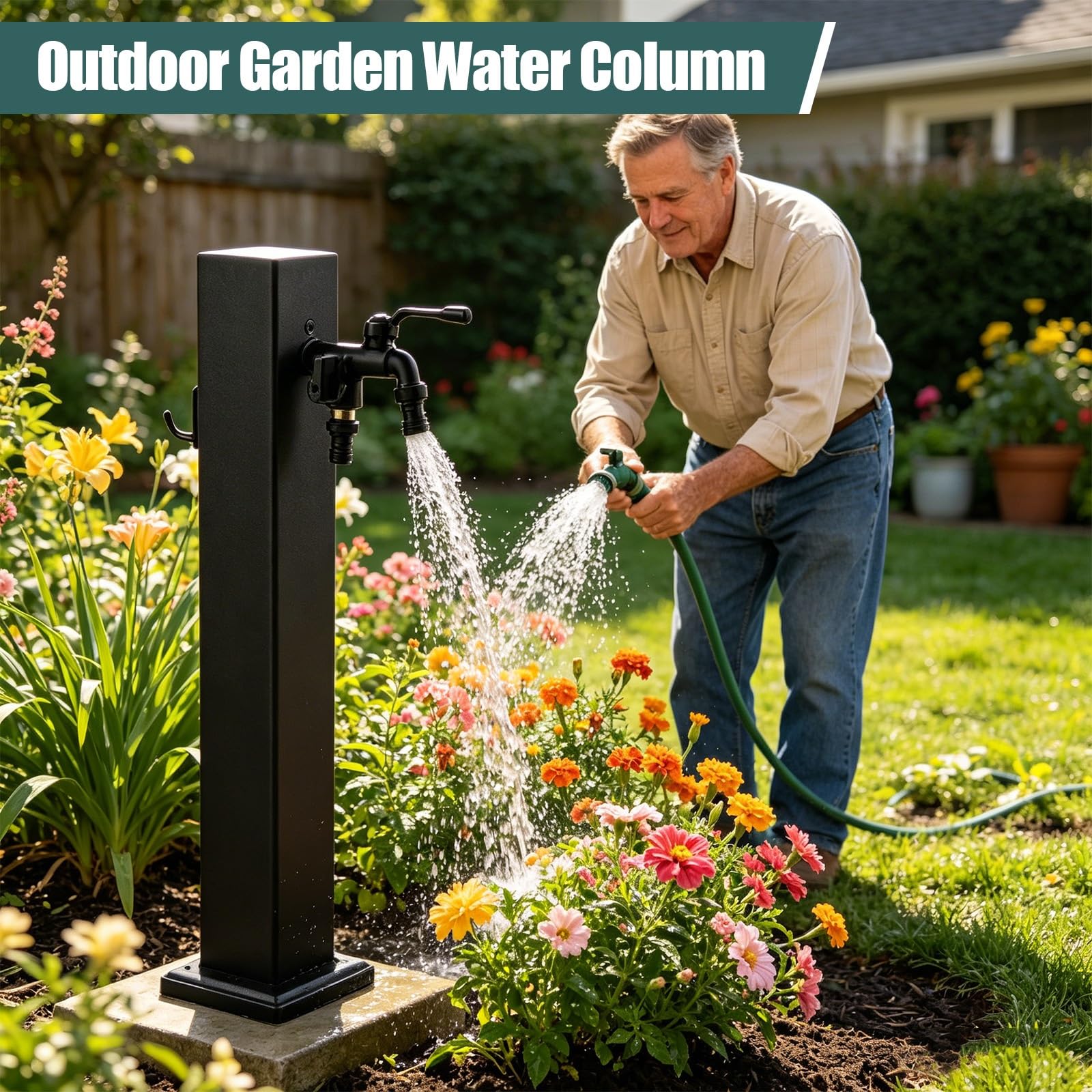 Columna de agua vertical de jardín para exteriores, soporte de manguera de acero inoxidable independiente con grifo, dispensador de agua anticongelante para riego y lavado