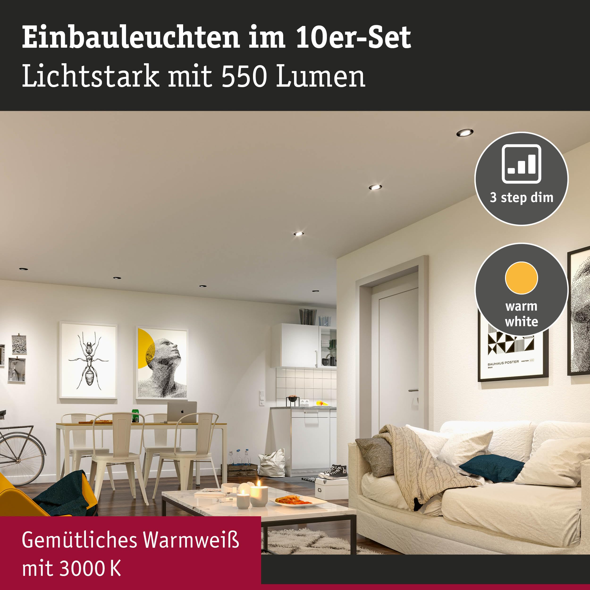 Paulmann 99995 Reflektory wpuszczane LED 3-stopniowe opakowanie 10 szt. obrotowe 82 mm 70° 10x4,8W 10x450lm 230 V 3000 K matowe białe, 48 W, zestaw 10 szt
